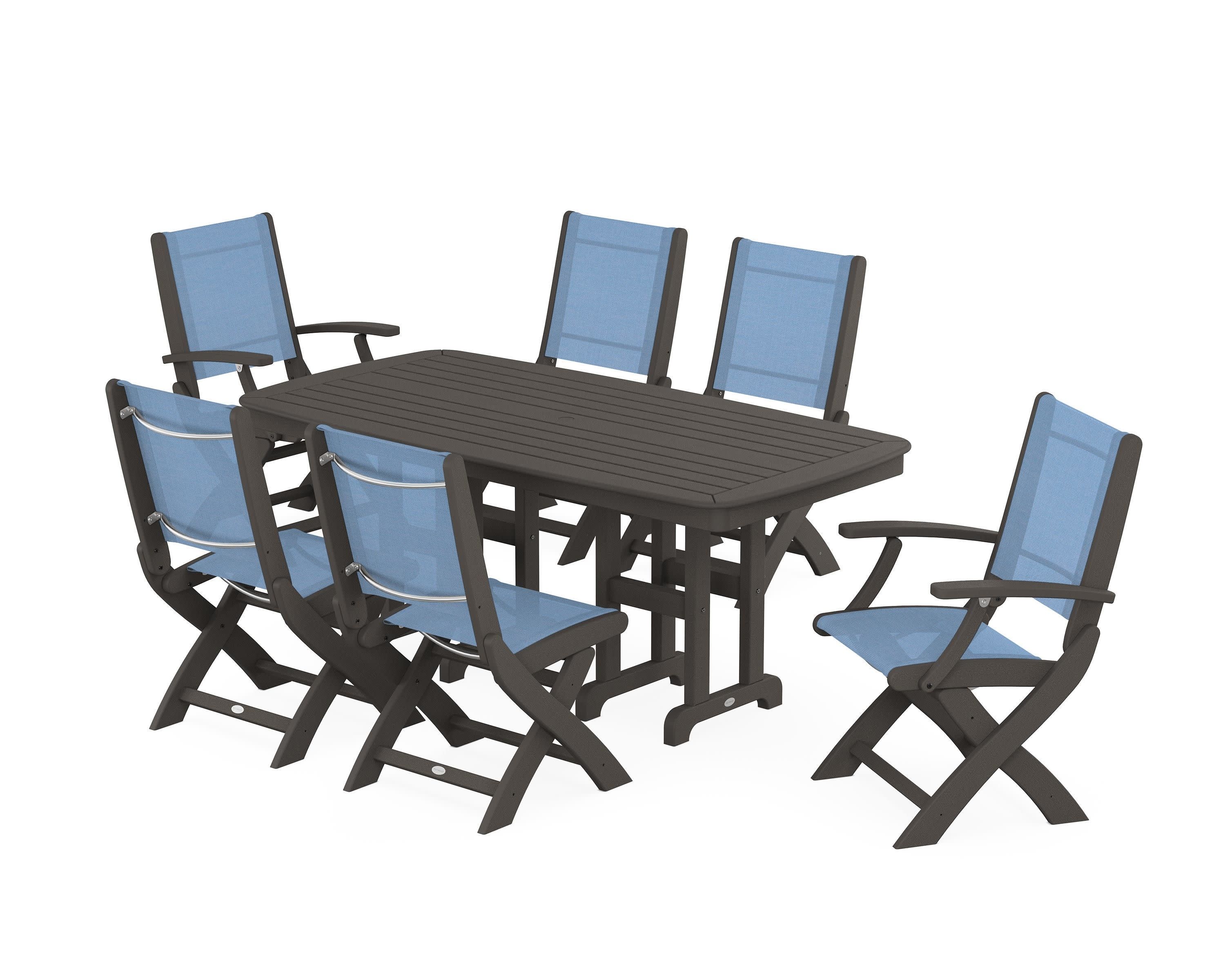 Coastal Folding Chair 7-Piece Dining Set in Vintage Coffee / Poolside Sling