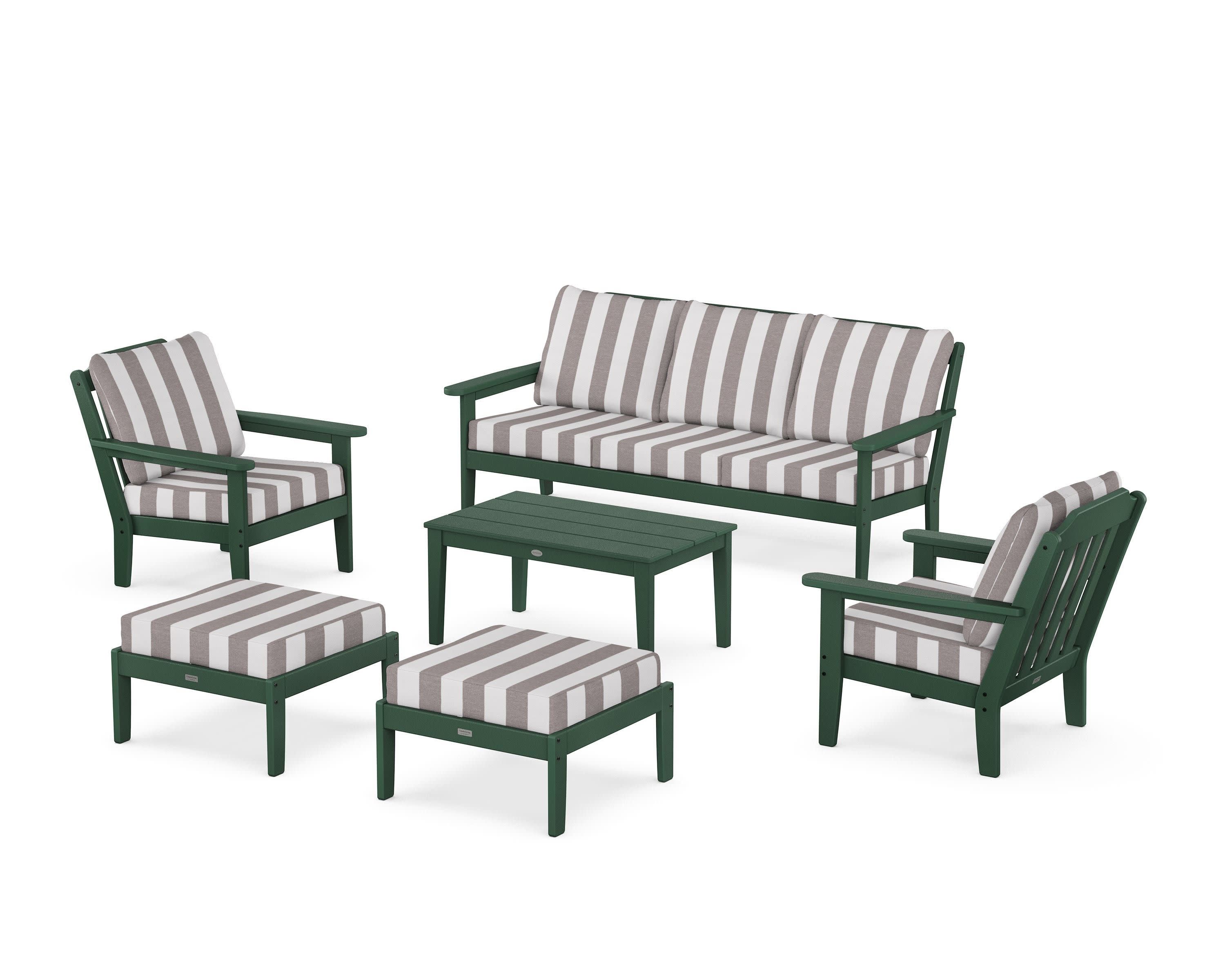 Cottage 6-Piece Lounge Sofa Set in Green / Cabana Stripe Grey Mist
