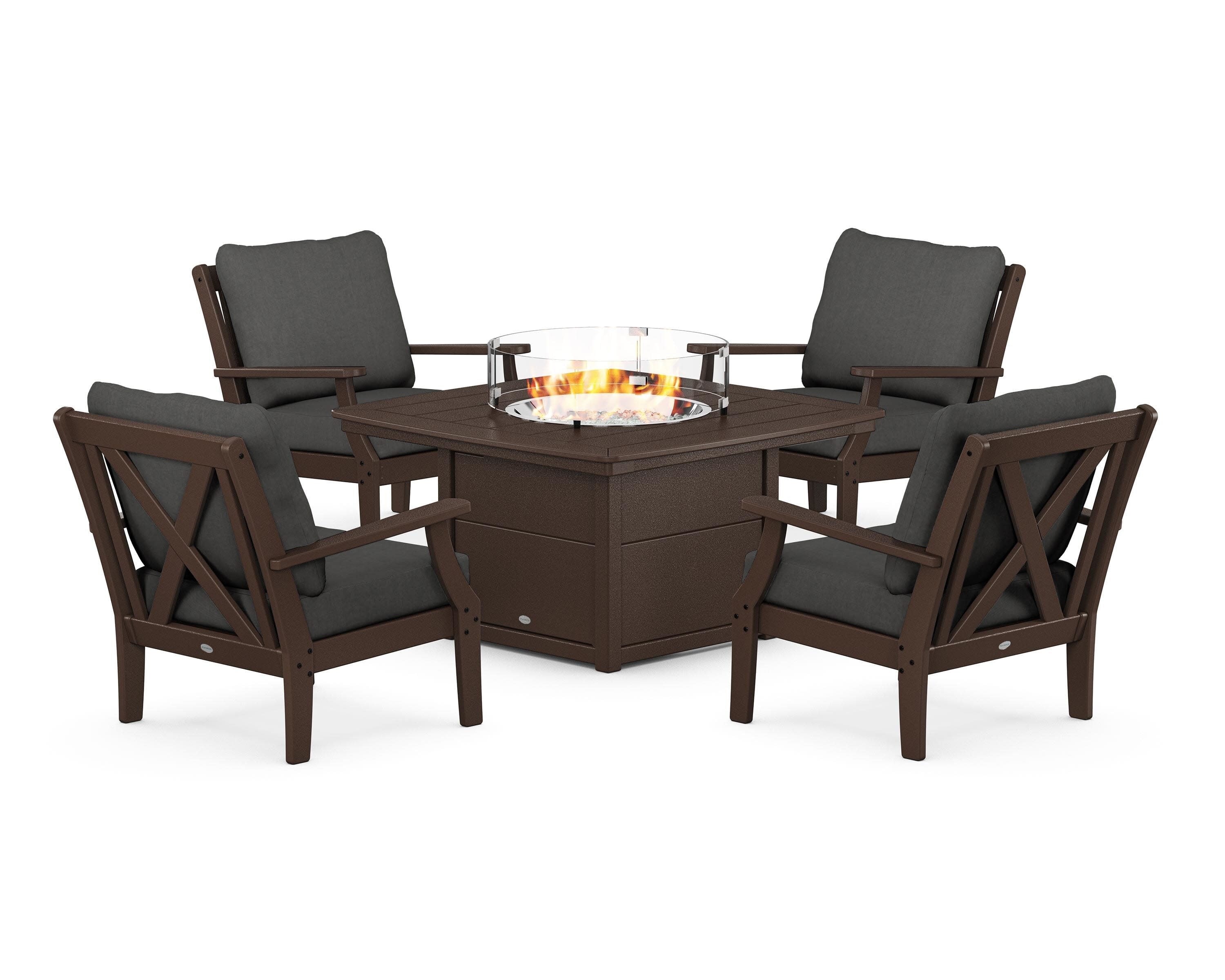 Braxton 5-Piece Deep Seating Conversation Set with Fire Pit Table in Mahogany / Spectrum Carbon