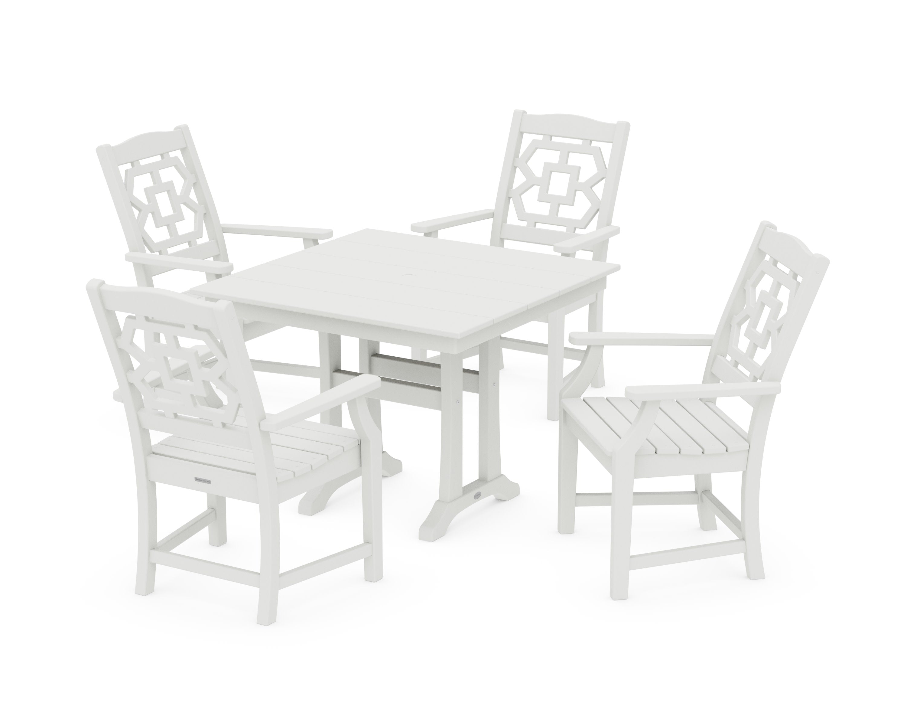 Chinoiserie 5-Piece Farmhouse Dining Set with Trestle Legs in Vintage White
