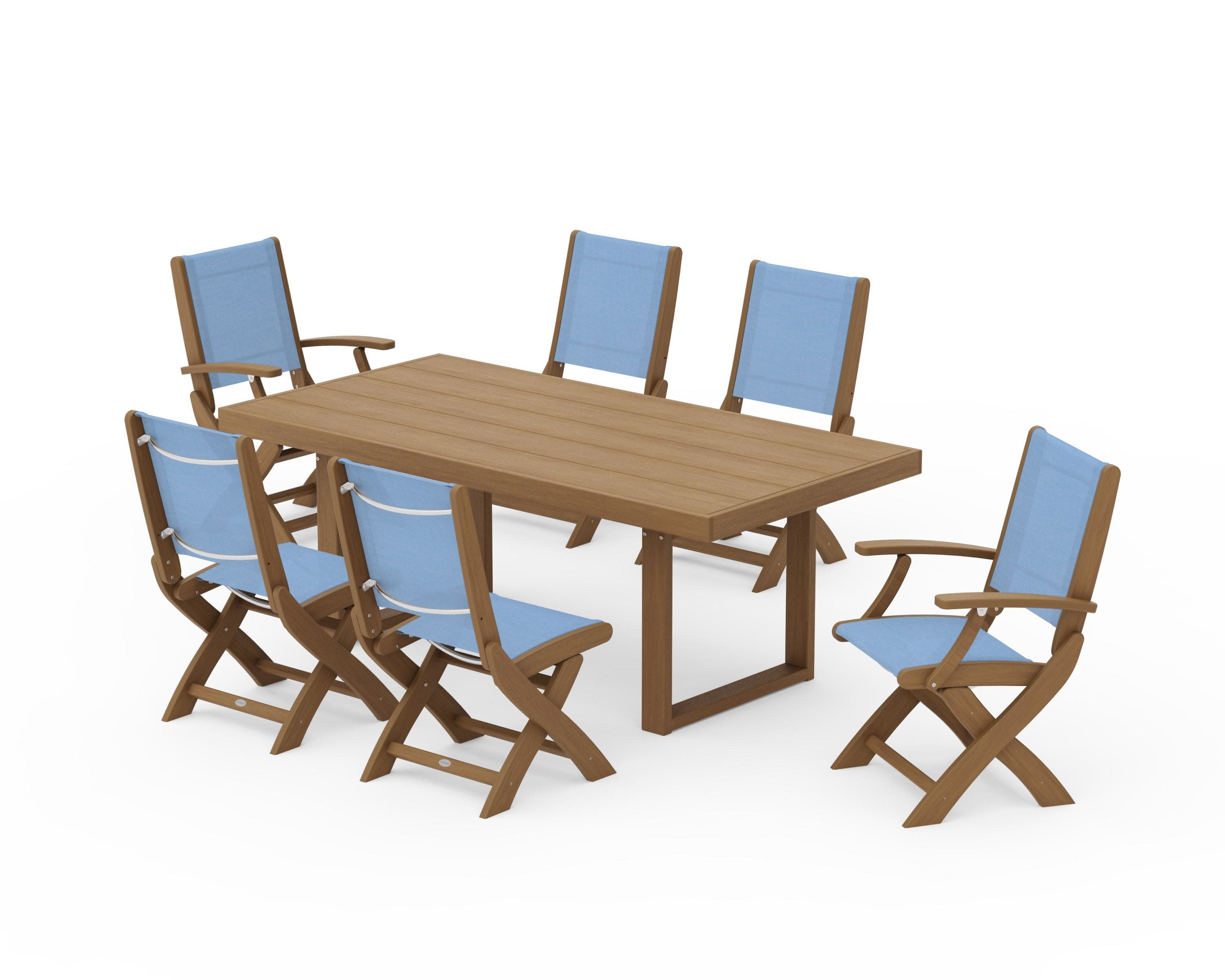 Coastal Folding Chair 7-Piece Dining Set with Trestle Legs in Natural / Poolside Sling