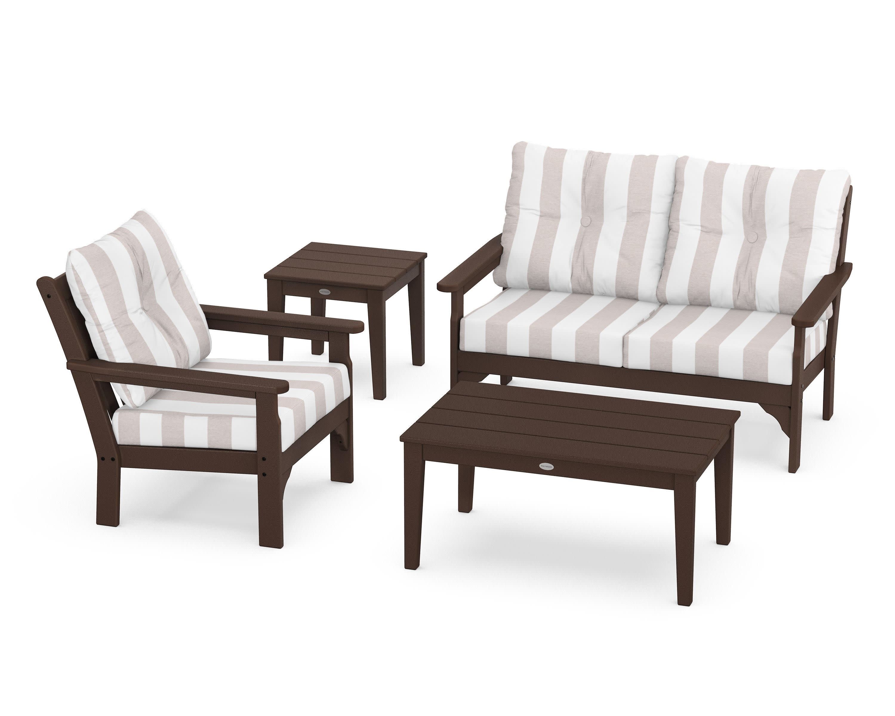 Vineyard 4-Piece Deep Seating Set in Mahogany / Cabana Stripe Dune Burlap