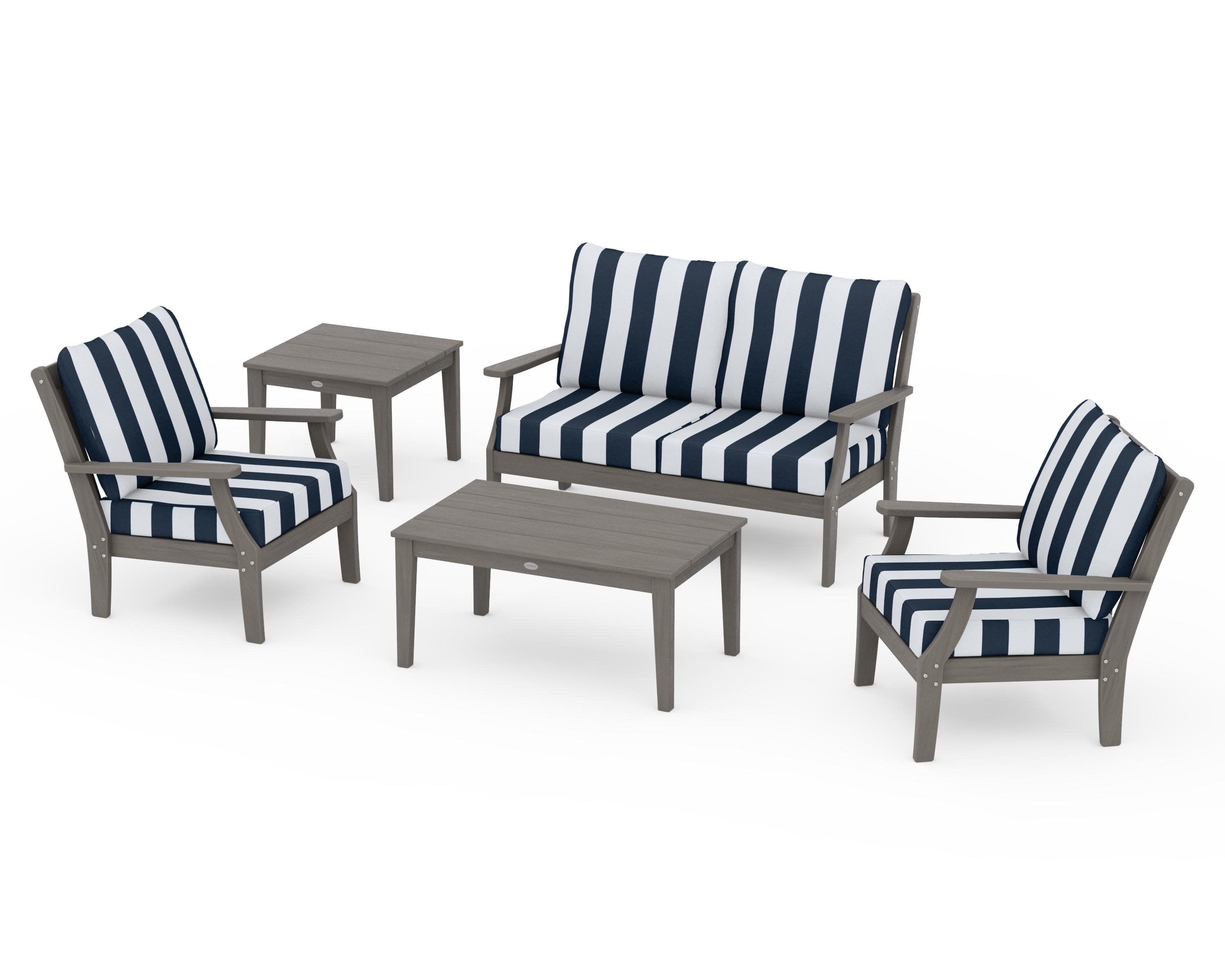 Braxton 5-Piece Deep Seating Set in Driftwood / Cabana Stripe Marine Indigo