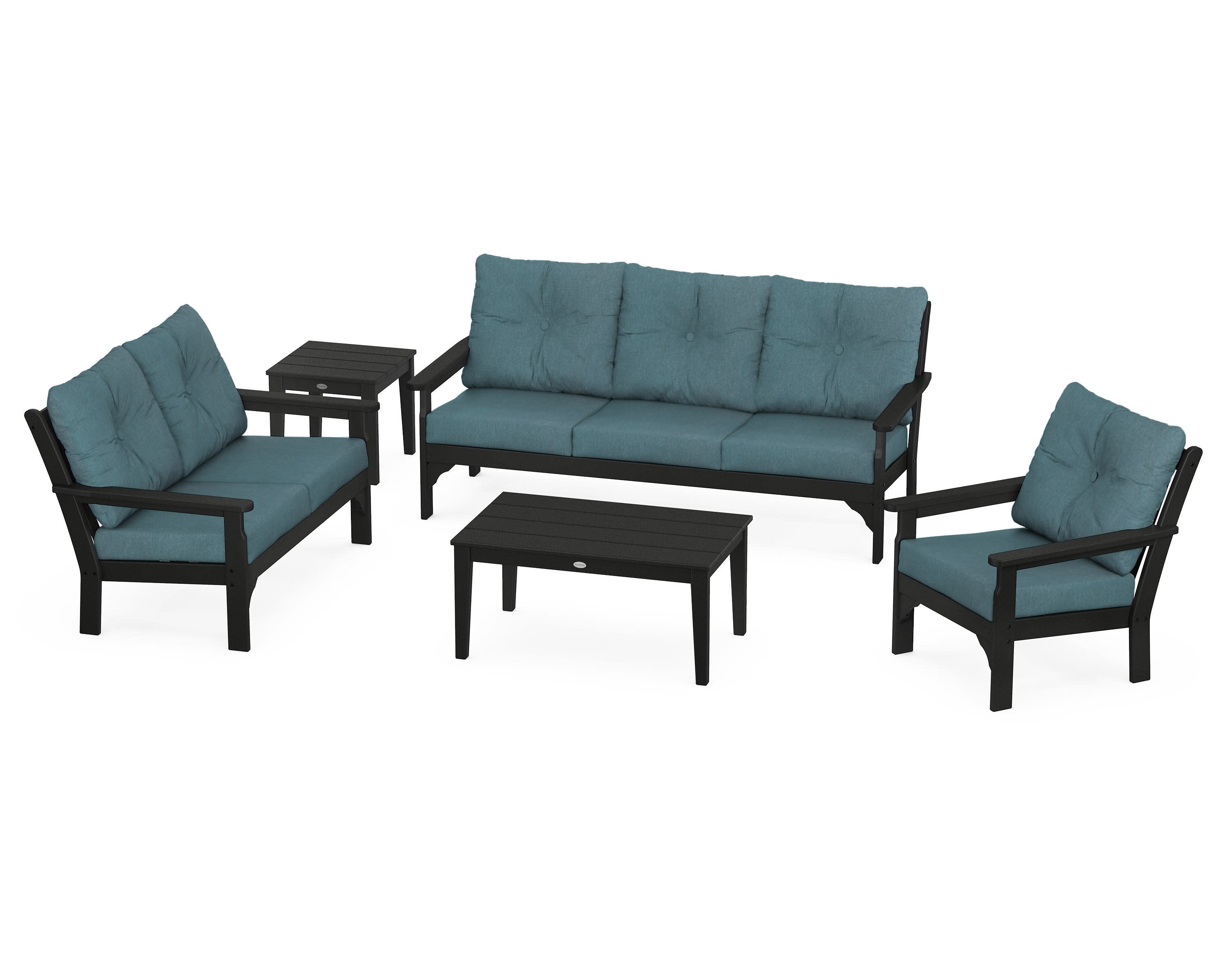 Vineyard 5 Piece Deep Seating Set in Black / Ocean Teal