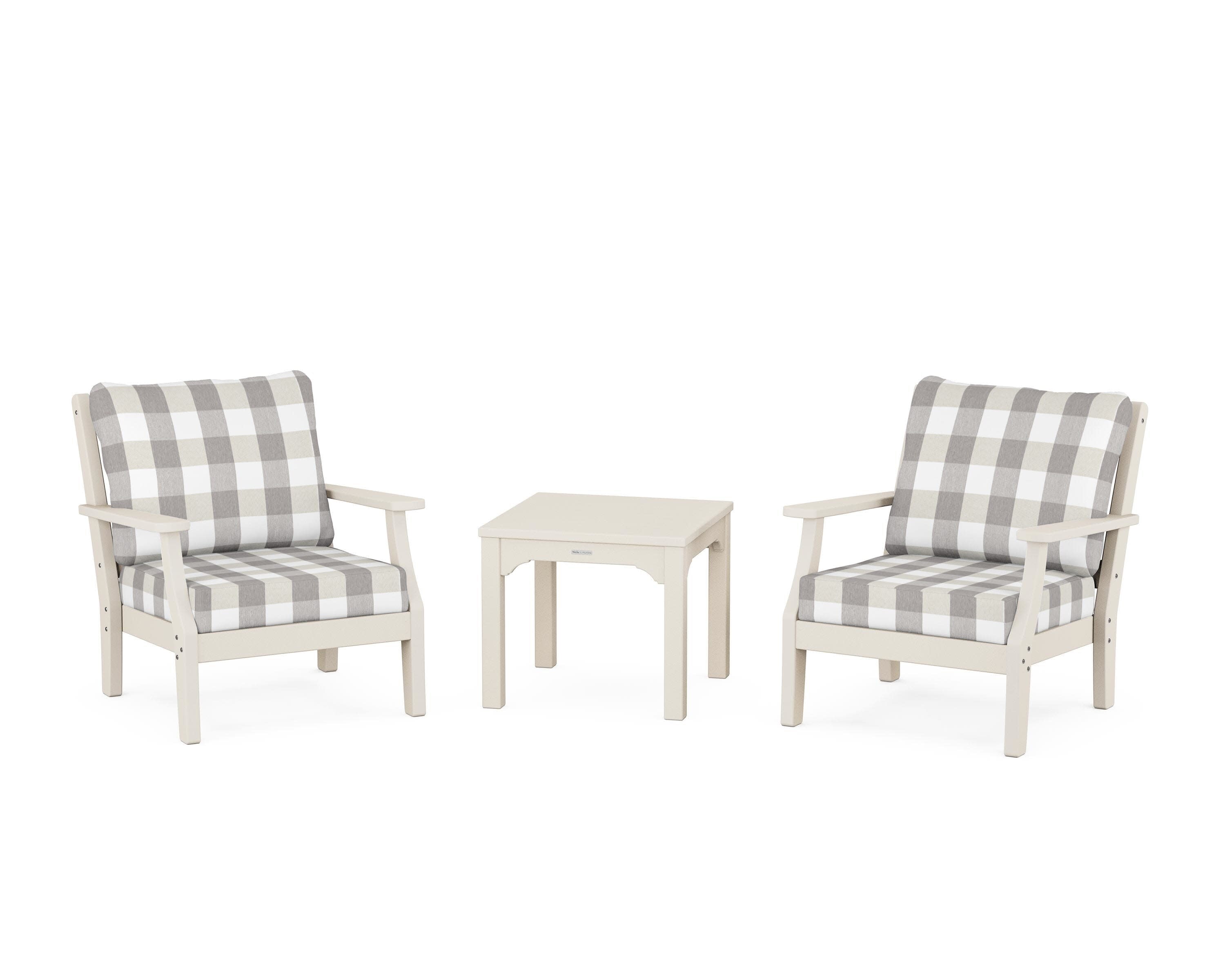 Chinoiserie 3-Piece Deep Seating Set in Sand / Buffalo Plaid Grey Mist