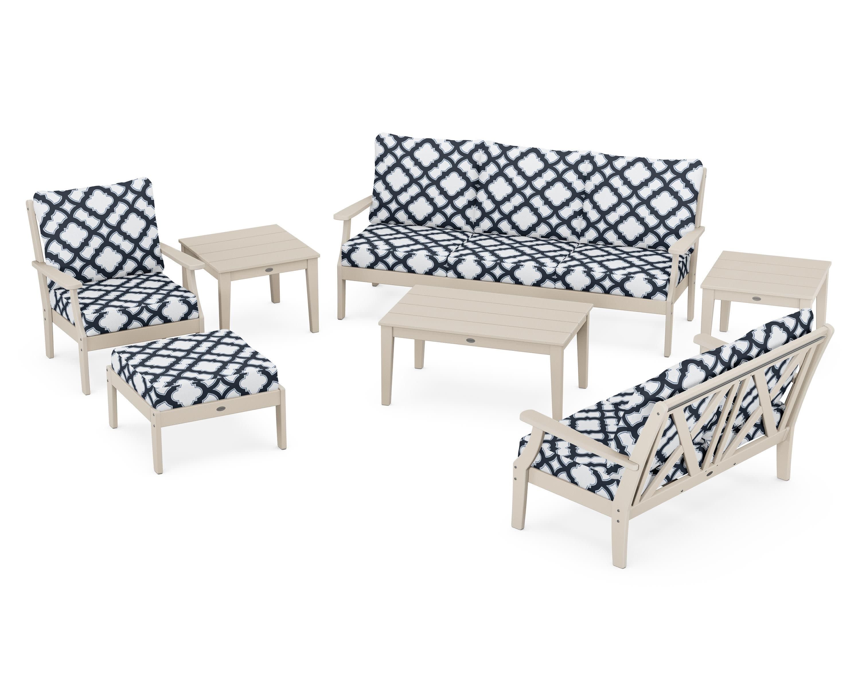 Braxton 7-Piece Deep Seating Set in Sand / Trellis Marine Indigo