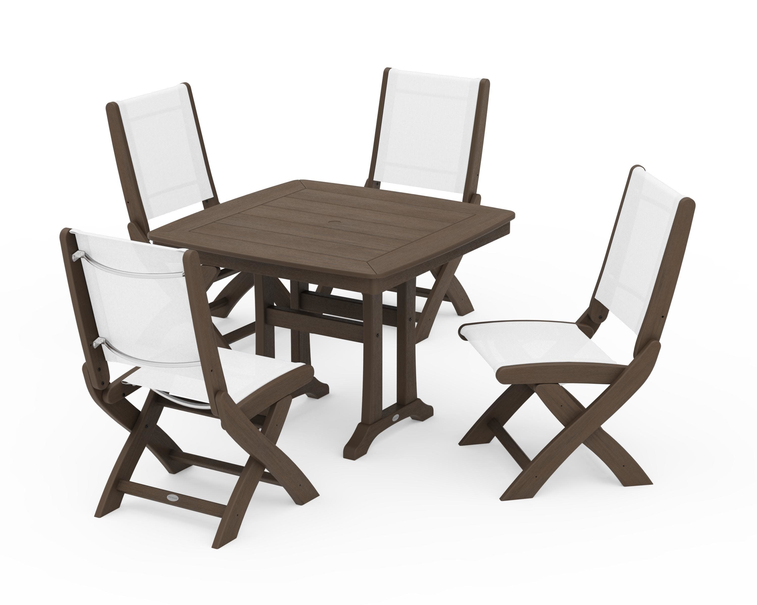 Coastal Folding Side Chair 5-Piece Dining Set with Trestle Legs in Kona / White Sling