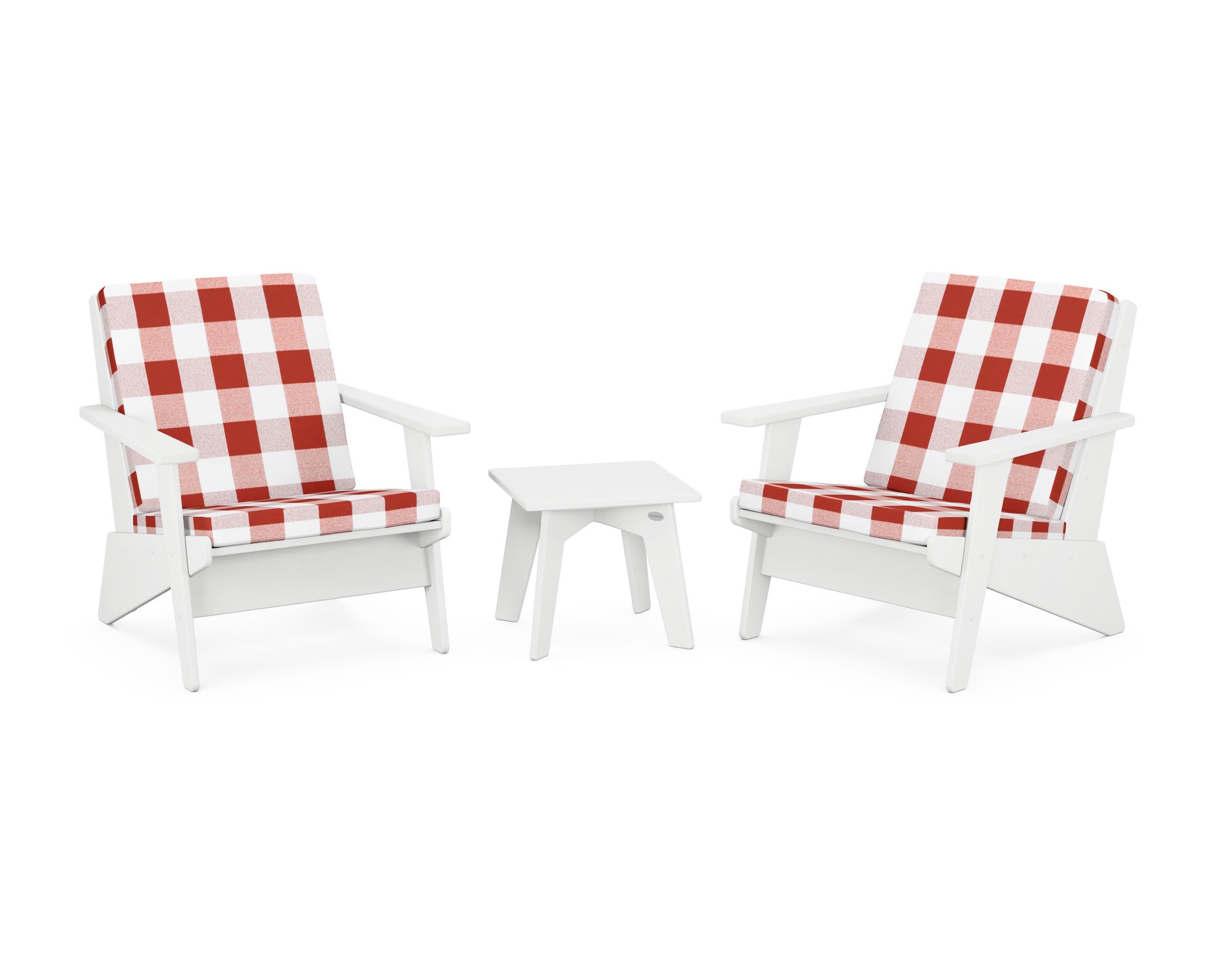 Riviera Modern Lounge 3-Piece Set in White / Buffalo Plaid Crimson
