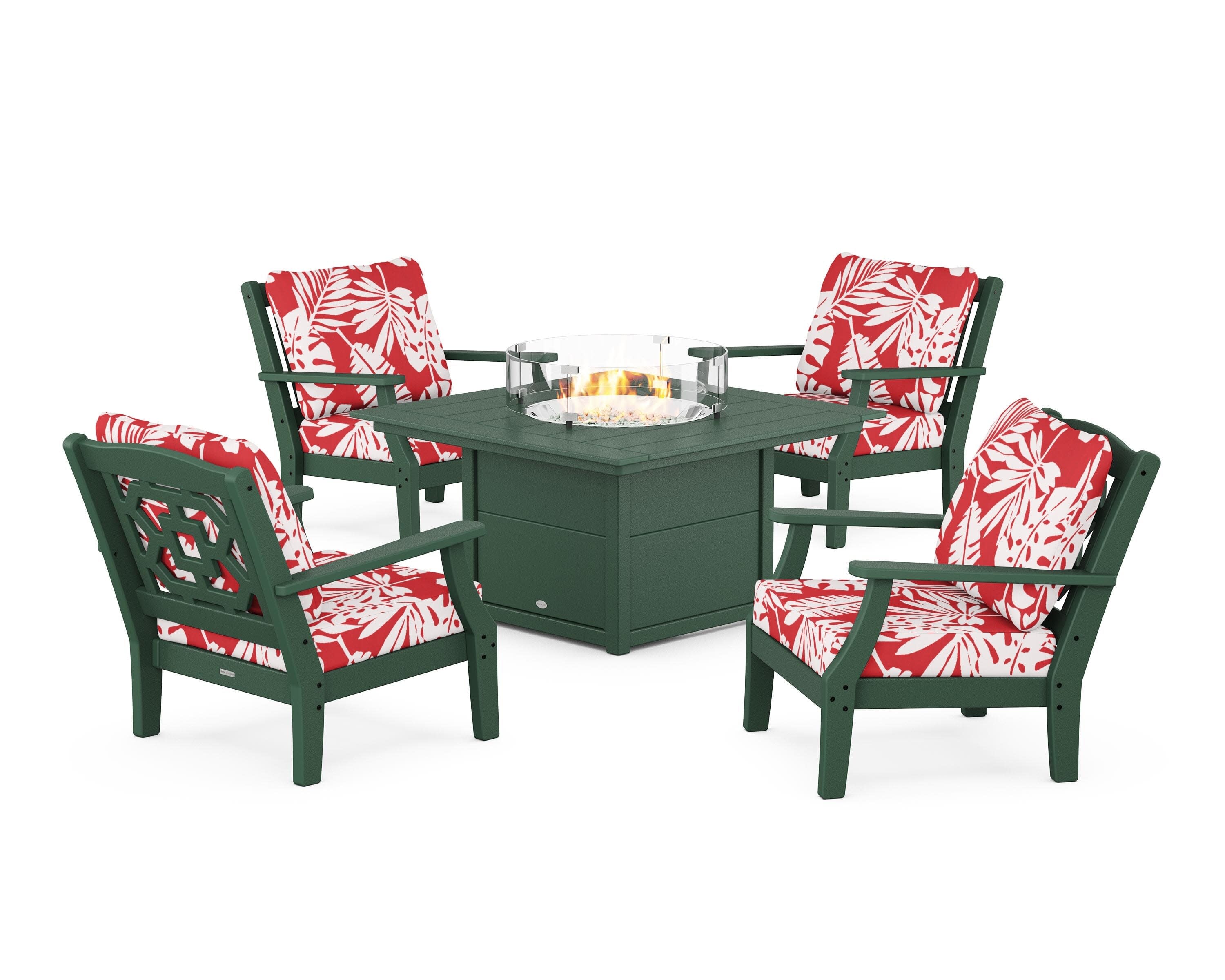 Chinoiserie 5-Piece Deep Seating Set with Fire Pit Table in Green / Leaf Crimson