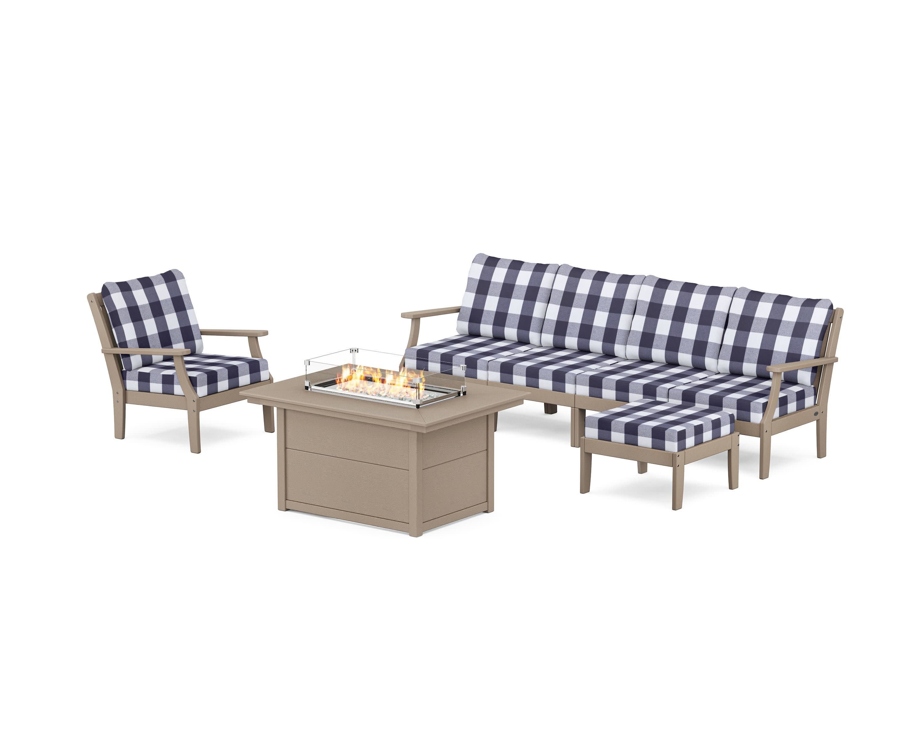 Braxton Sectional Lounge and Fire Pit Set in Vintage Sahara / Buffalo Plaid Navy
