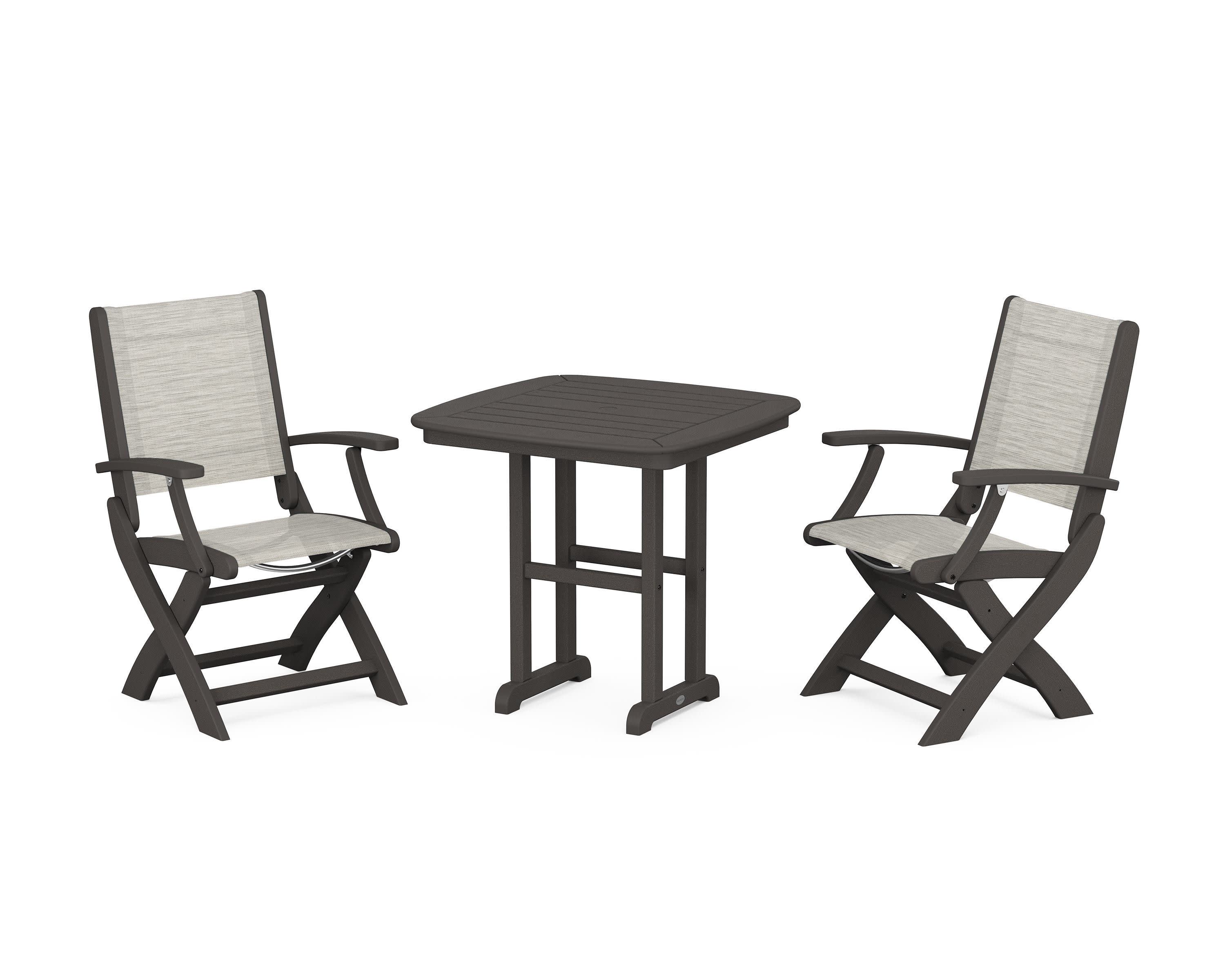 Coastal Folding Chair 3-Piece Dining Set in Vintage Coffee / Birch Sling
