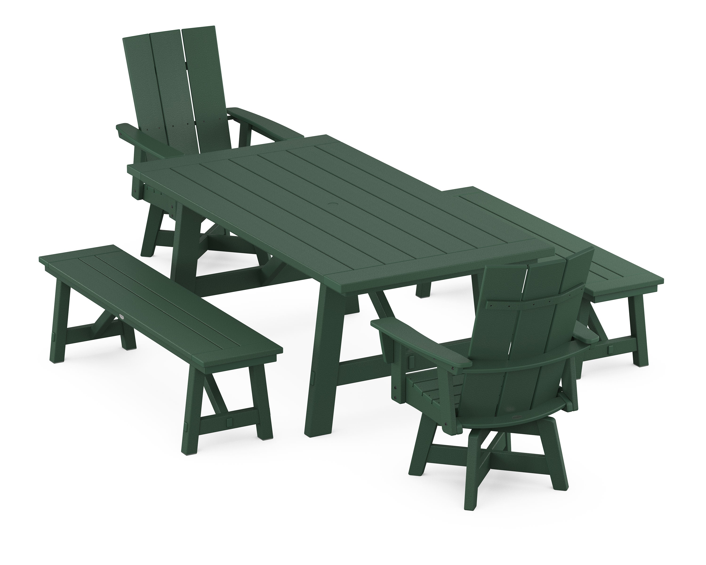 Modern Curveback Adirondack Swivel Chair 5-Piece Rustic Farmhouse Dining Set With Benches in Green
