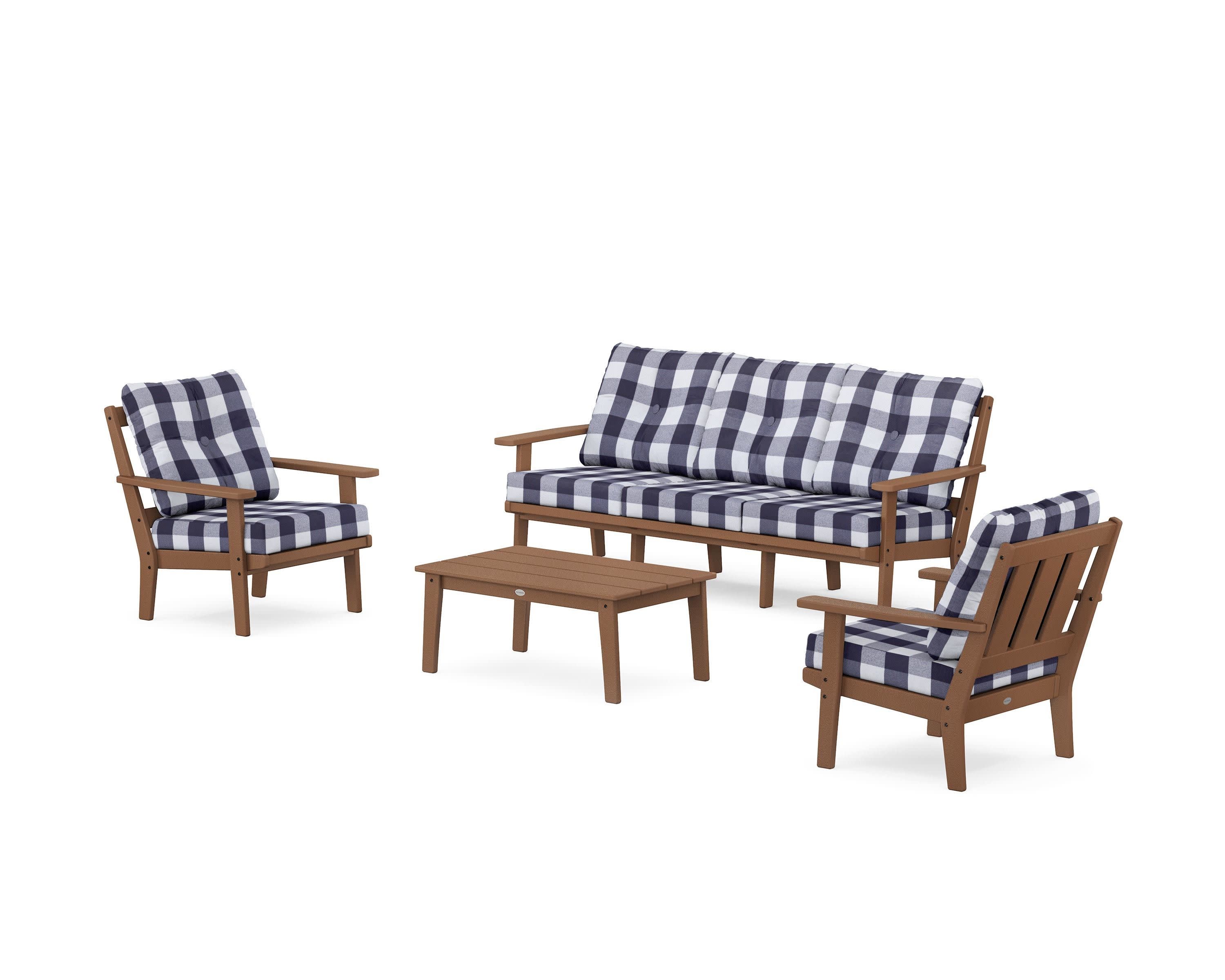 Oxford 4-Piece Deep Seating Set with Sofa in Teak / Buffalo Plaid Navy