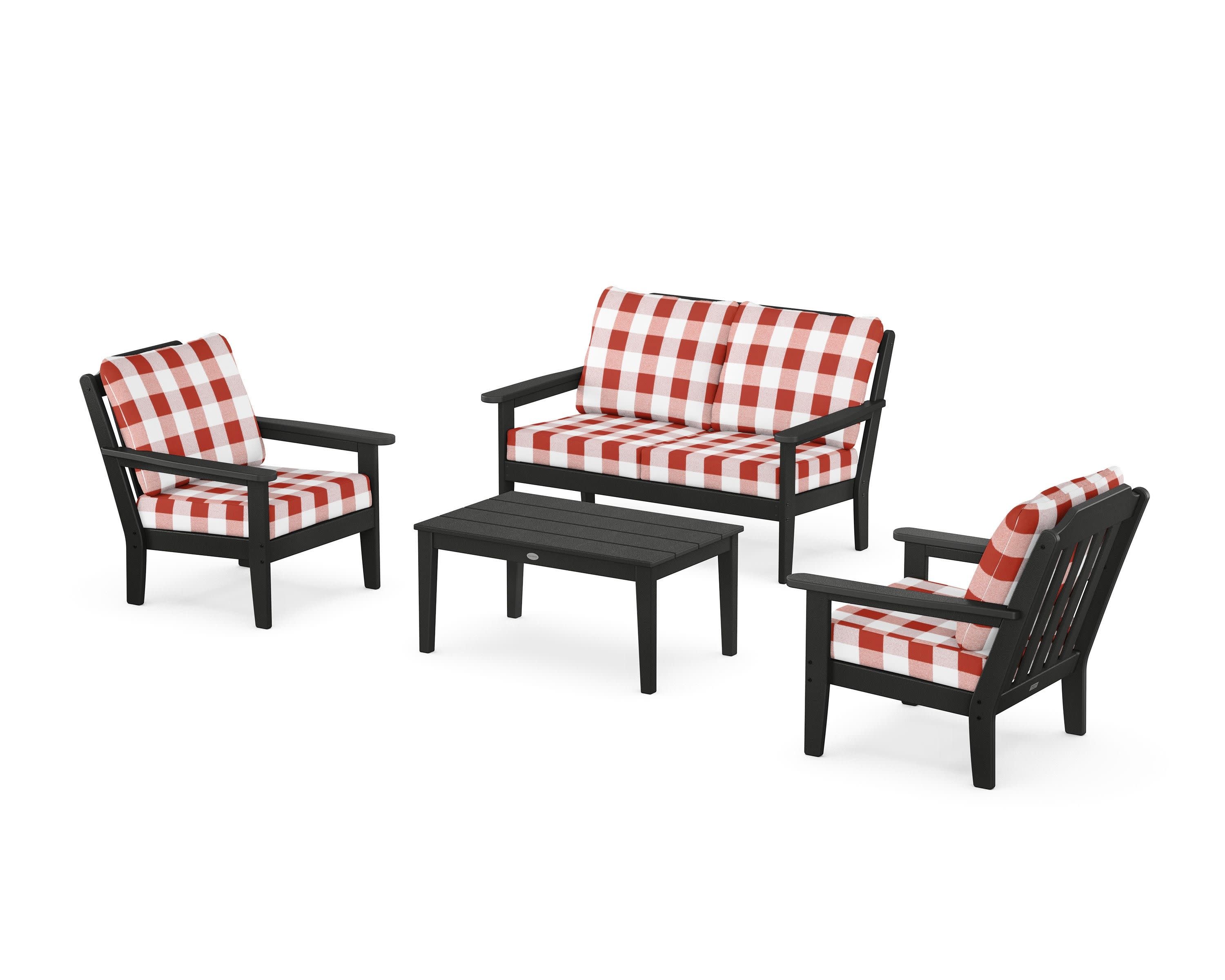 Cottage 4-Piece Deep Seating Set with Loveseat in Black / Buffalo Plaid Crimson