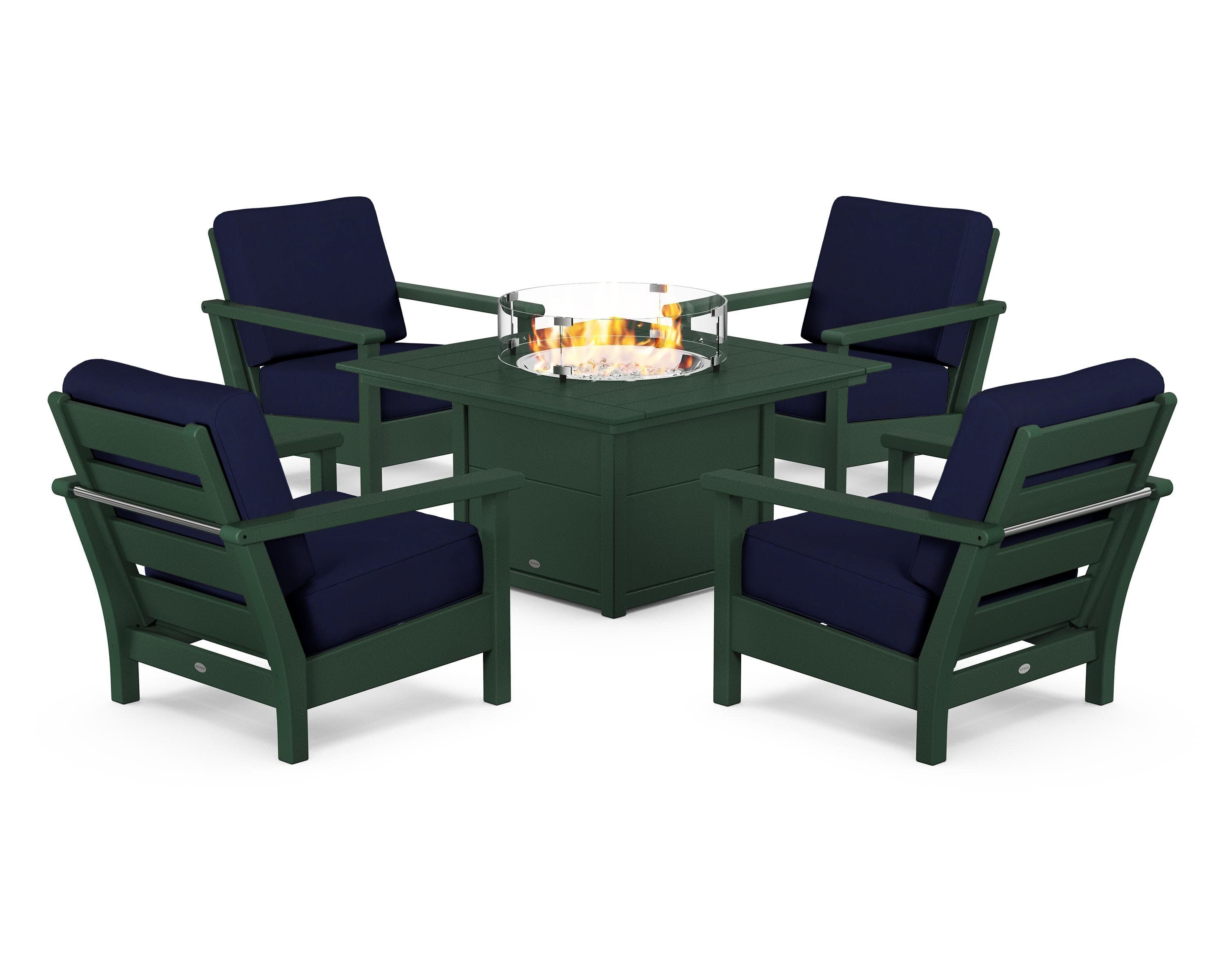 Harbour 5-Piece Conversation Set with Fire Pit Table in Green / Navy