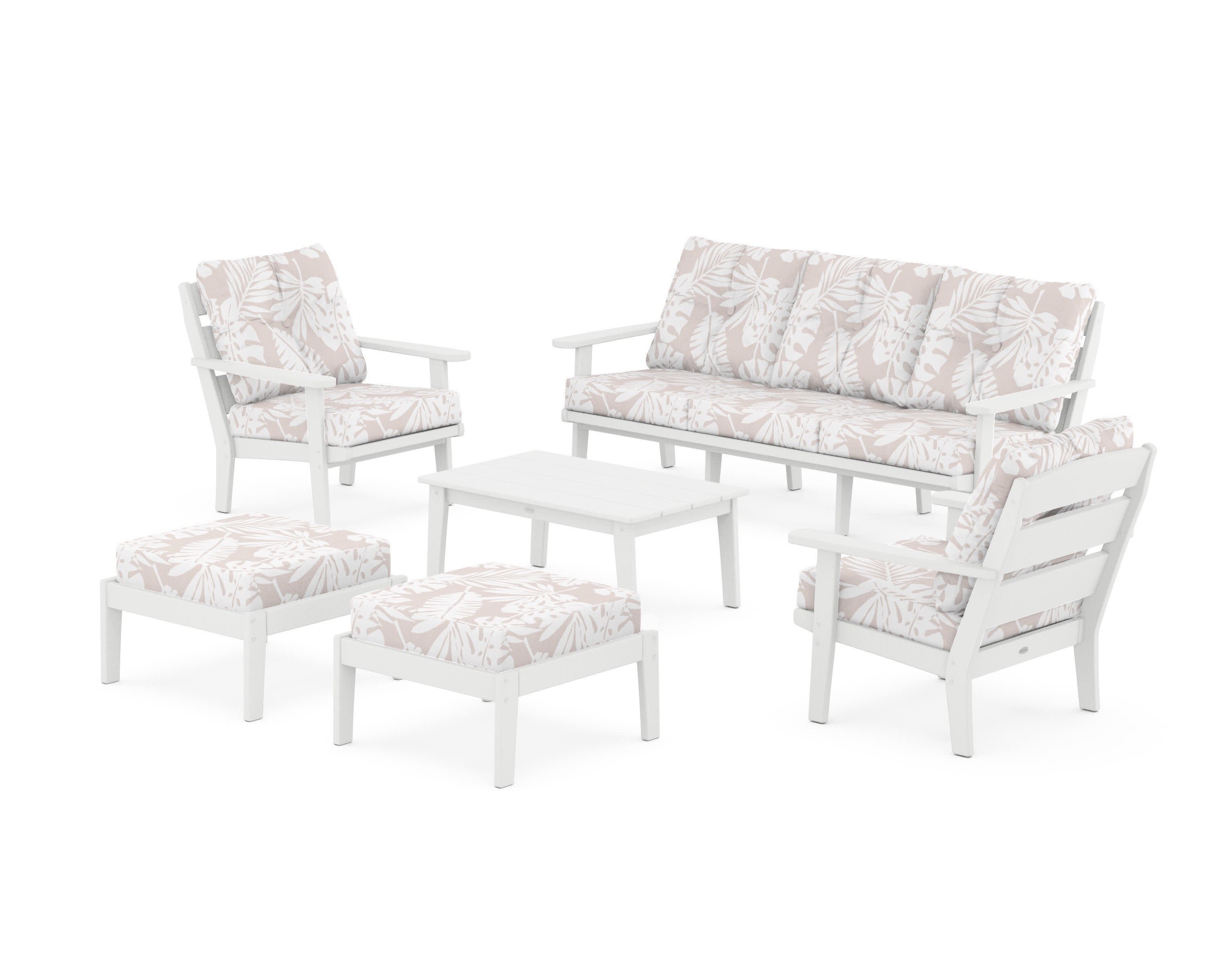 Lakeside 6-Piece Lounge Sofa Set in White / Leaf Dune Burlap
