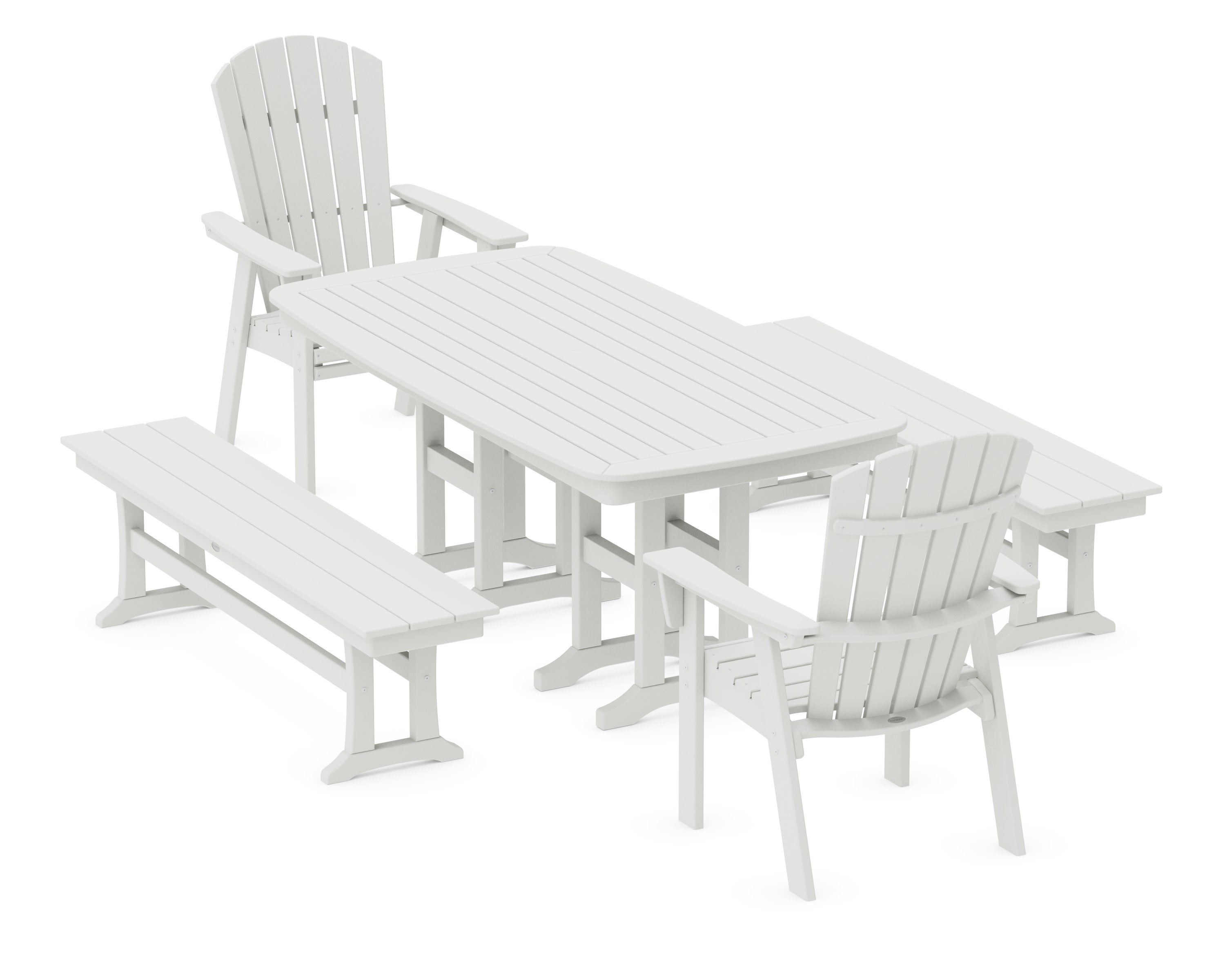 Nautical Curveback Adirondack 5-Piece Dining Set with Benches in Vintage White