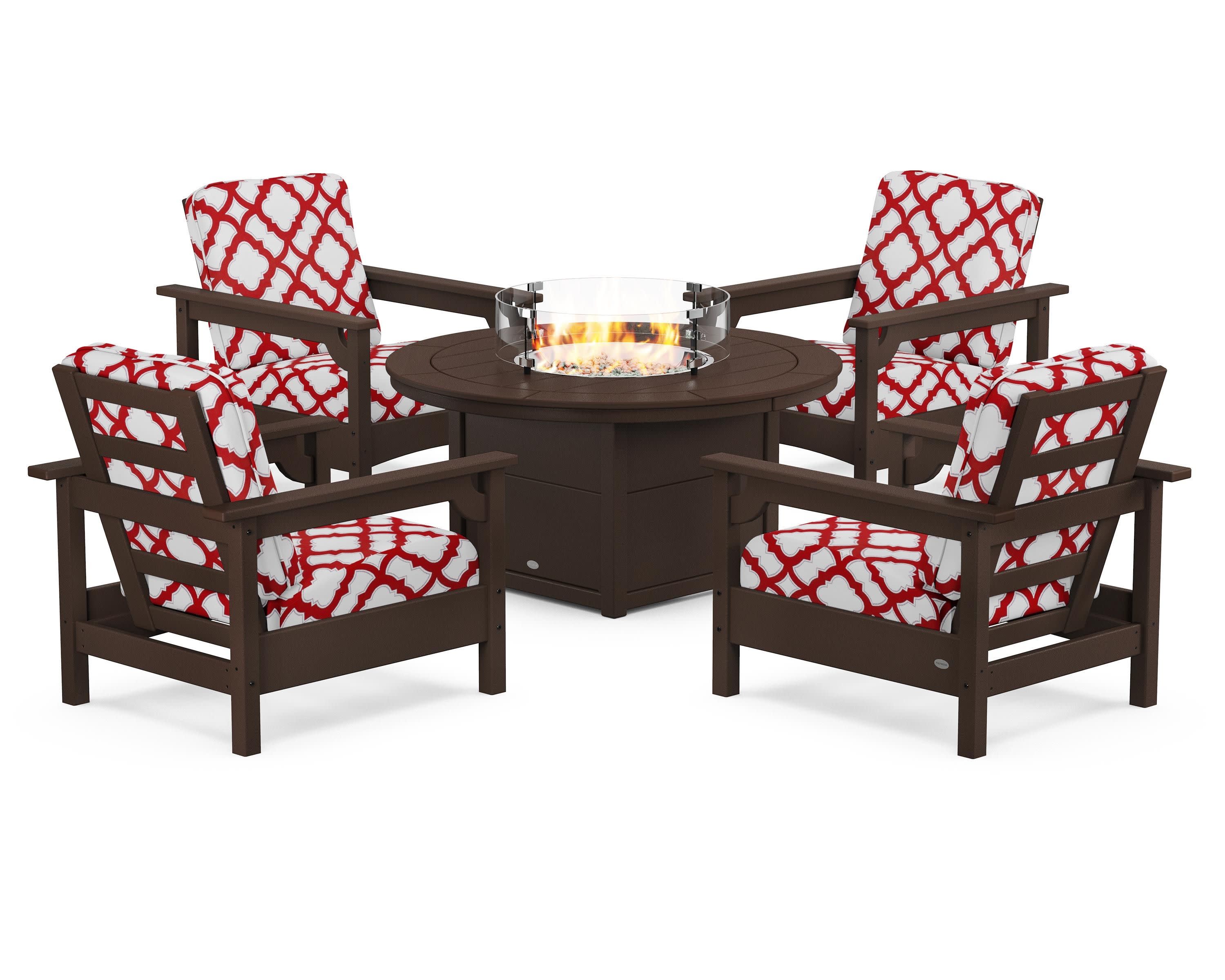 Club 5-Piece Conversation Set with Fire Pit Table in Mahogany / Trellis Crimson
