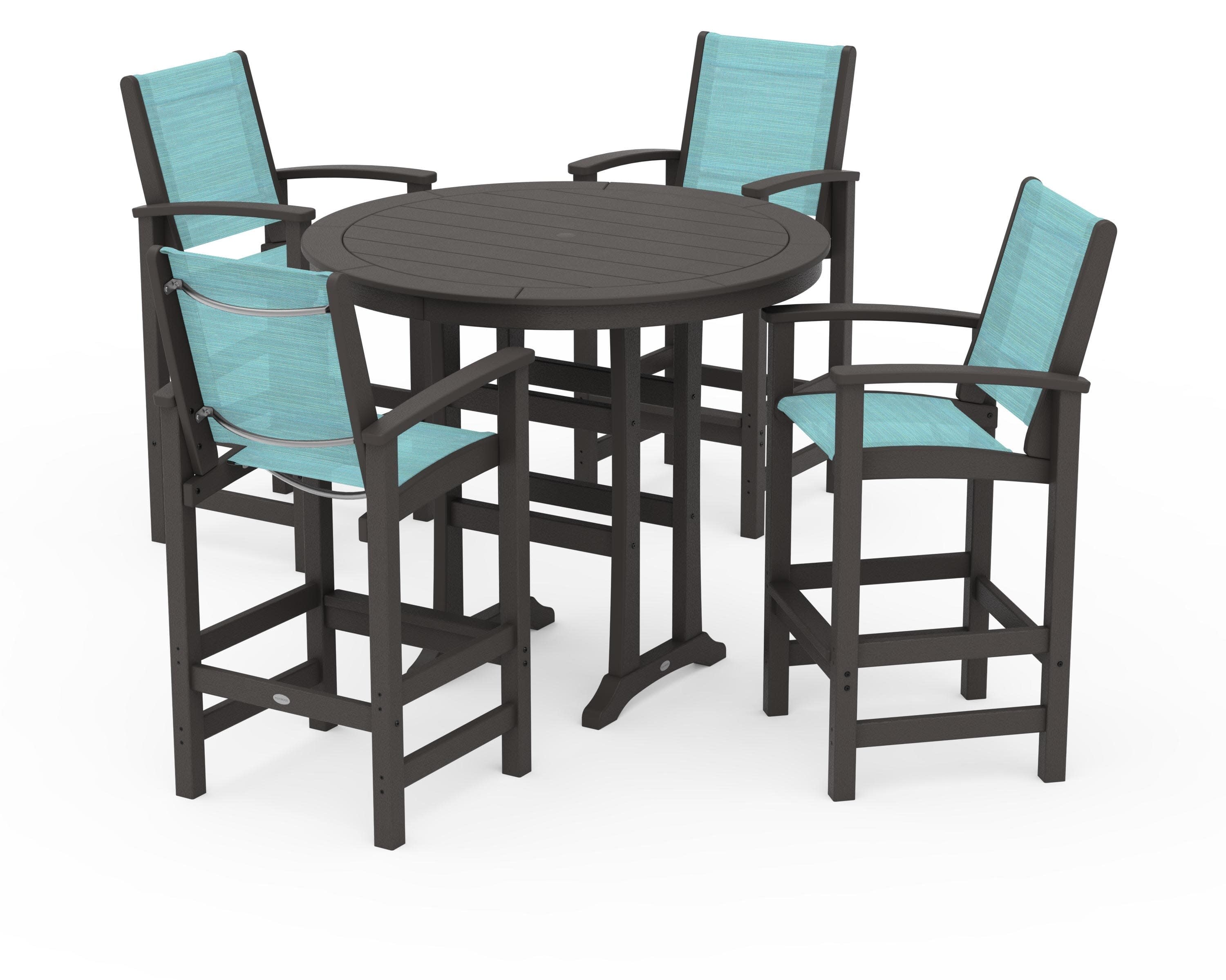 Coastal 5-Piece Nautical Trestle Bar Set in Vintage Coffee / Dupioni Aquamarine Sling