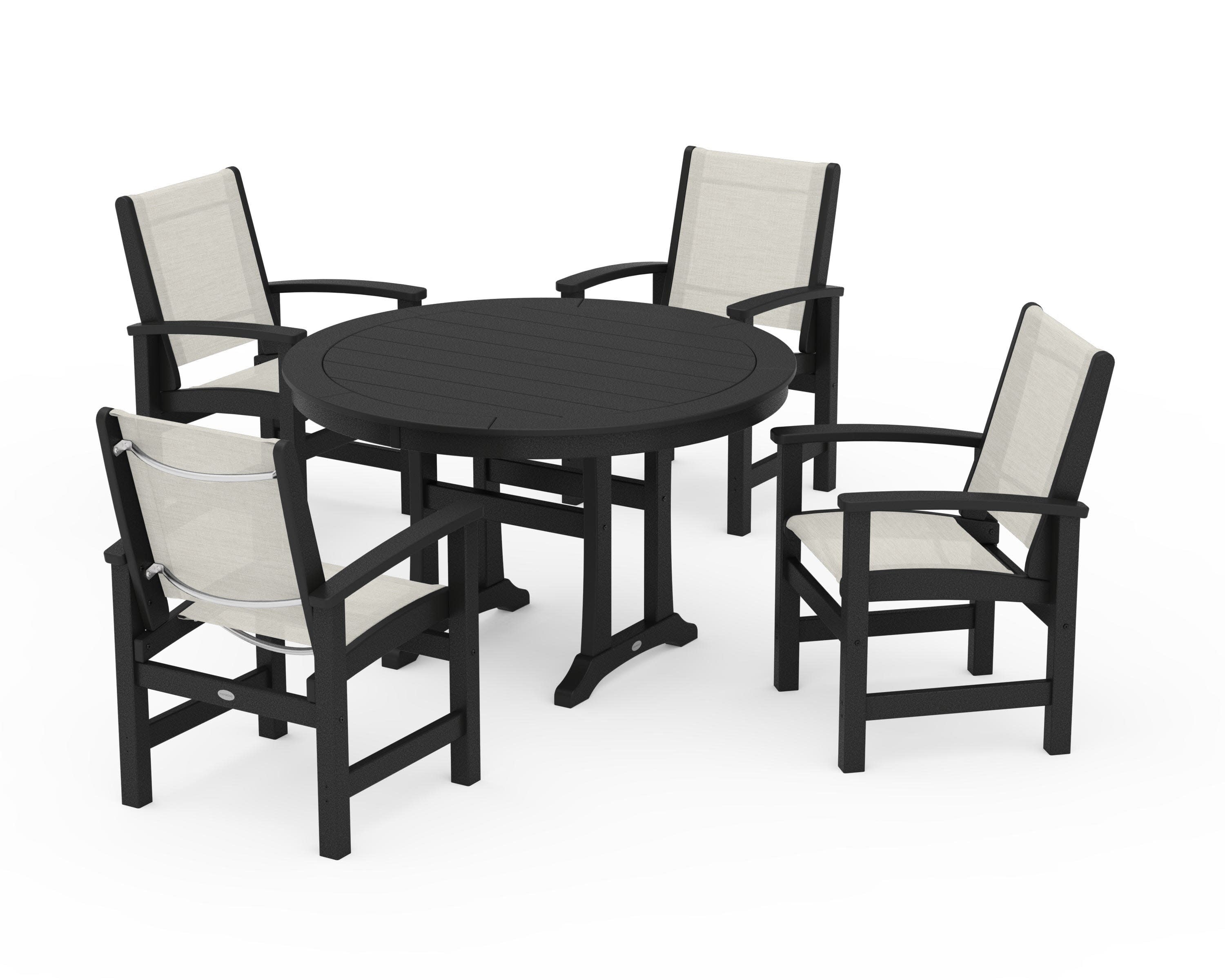 Coastal 5-Piece Round Dining Set with Trestle Legs in Black / Parchment Sling