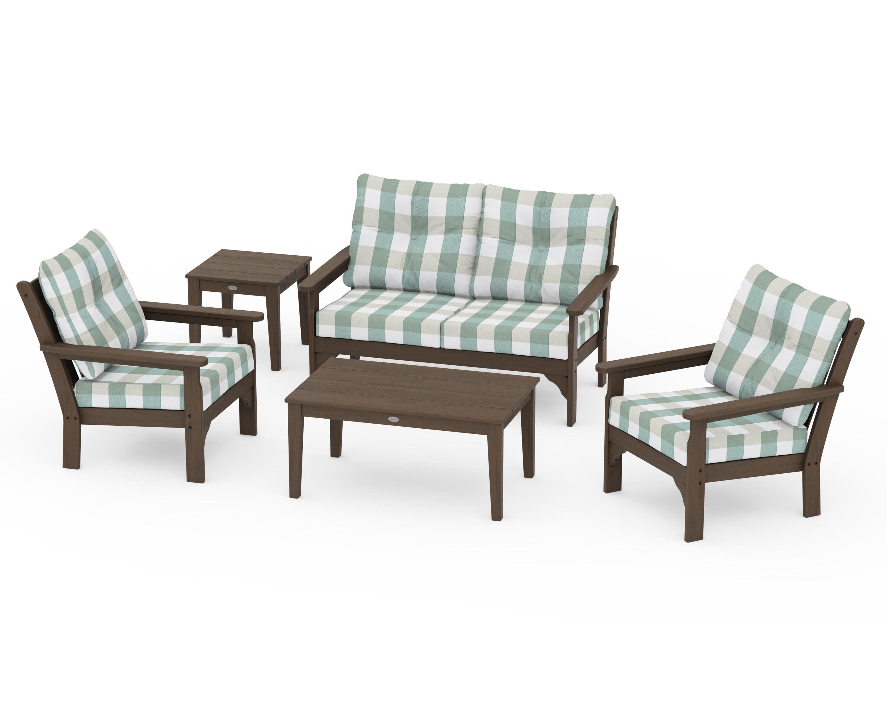 Vineyard 5-Piece Deep Seating Set in Kona / Buffalo Plaid Glacier Spa