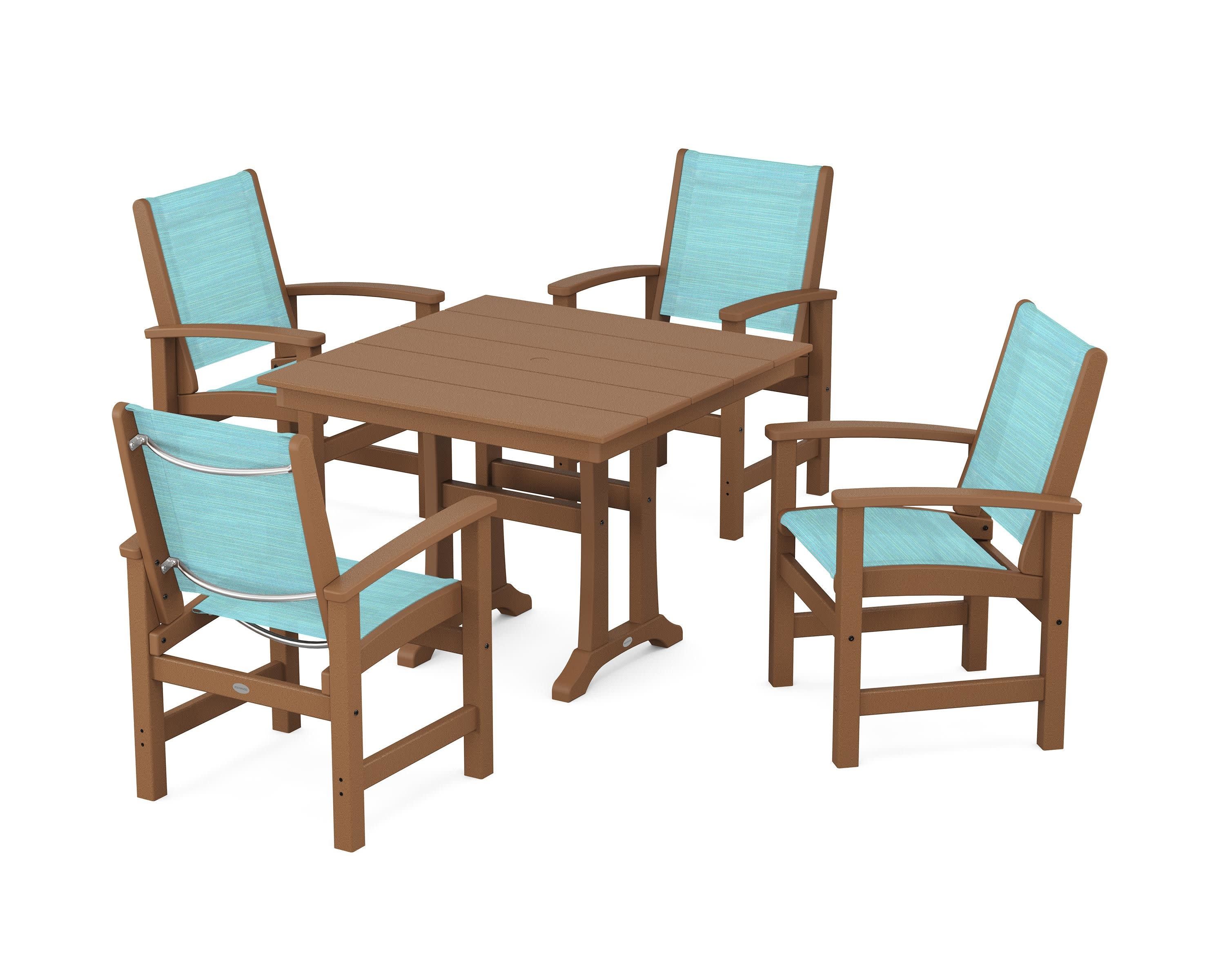 Coastal 5-Piece Farmhouse Dining Set With Trestle Legs in Teak / Dupioni Aquamarine Sling