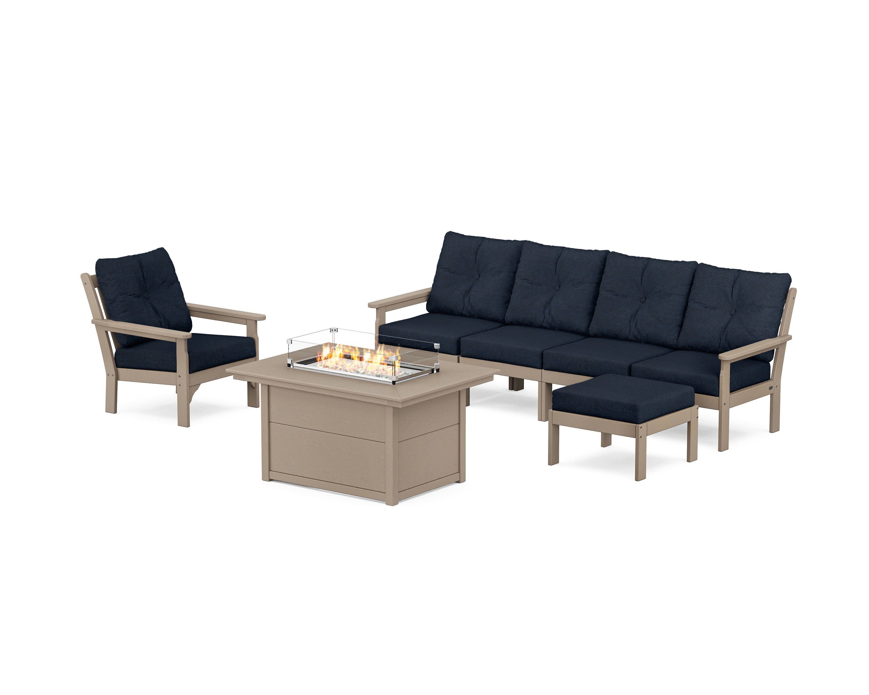 Vineyard Sectional Lounge and Fire Pit Set in Vintage Sahara / Marine Indigo