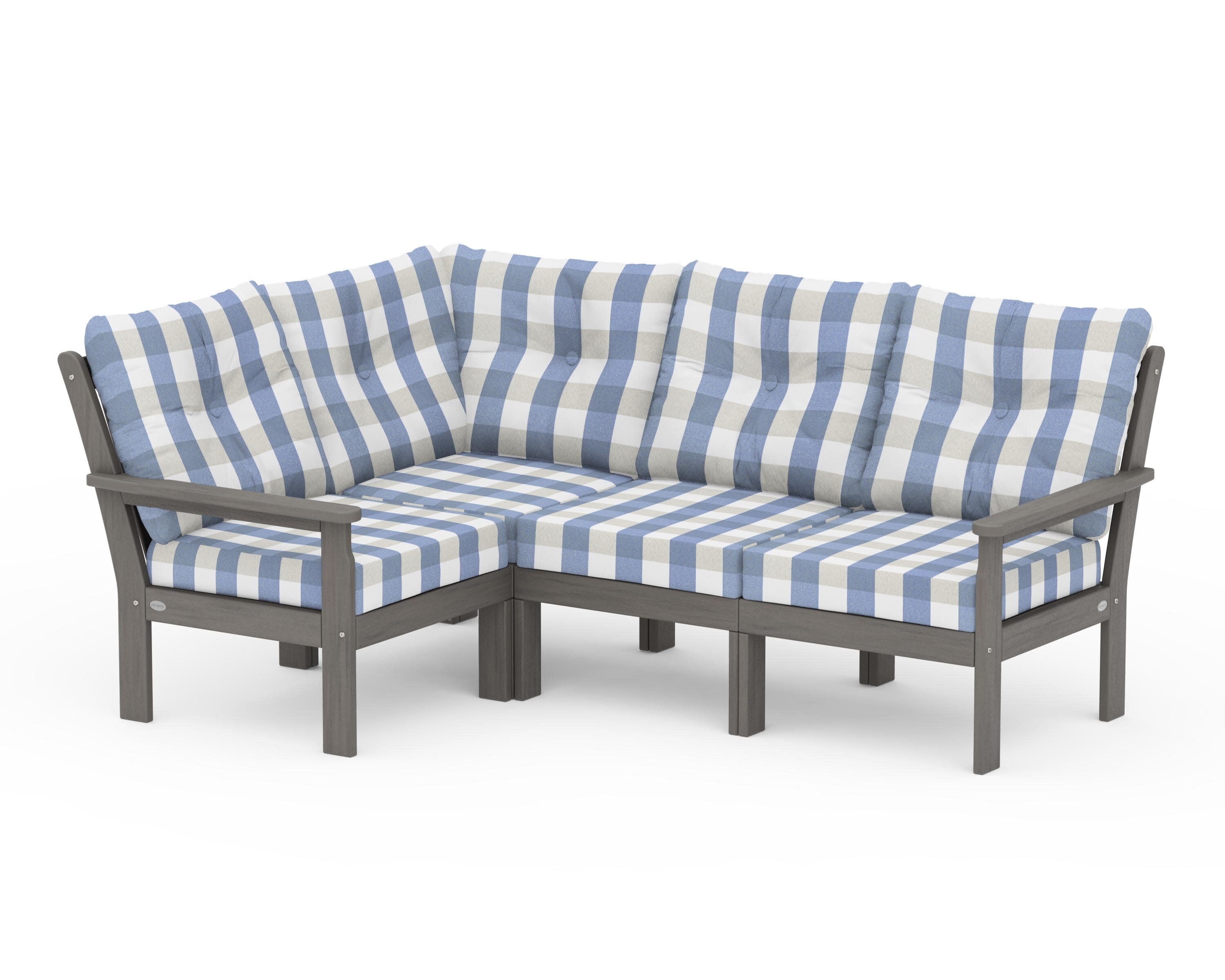 Vineyard 4-Piece Sectional in Driftwood / Buffalo Plaid Sky Blue