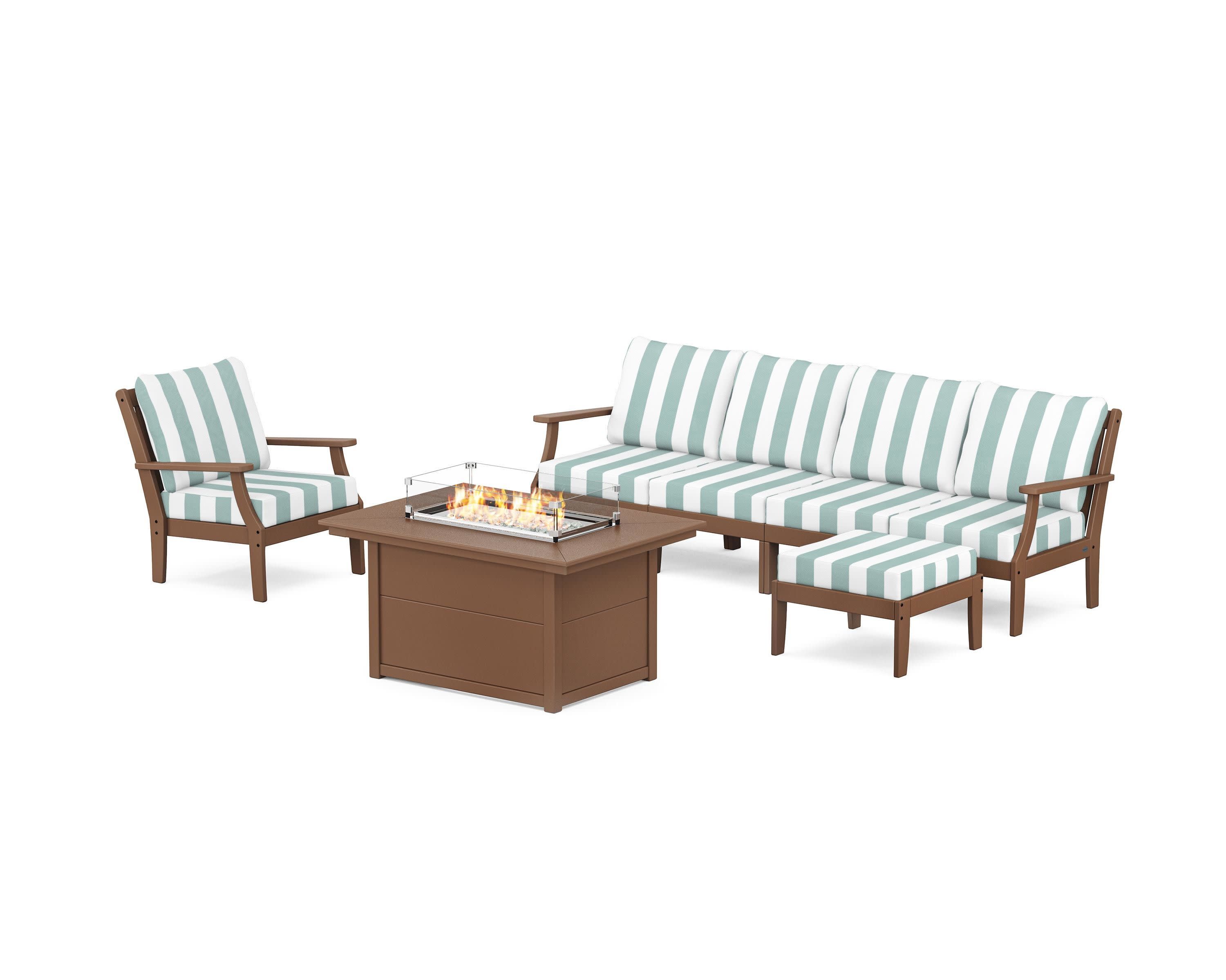 Braxton Sectional Lounge and Fire Pit Set in Teak / Cabana Stripe Glacier Spa