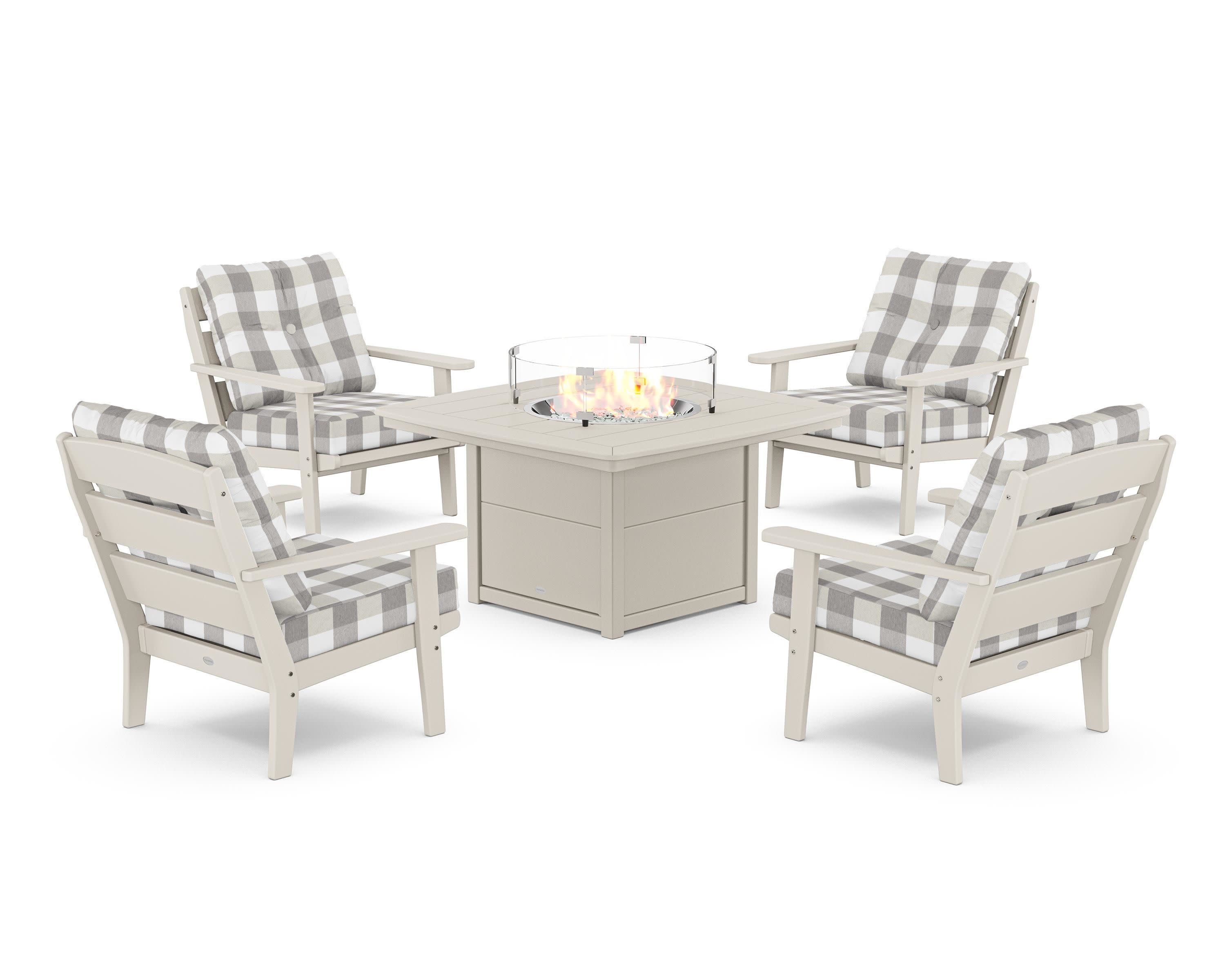 Lakeside 5-Piece Deep Seating Set with Nautical Fire Pit Table in Sand / Buffalo Plaid Grey Mist
