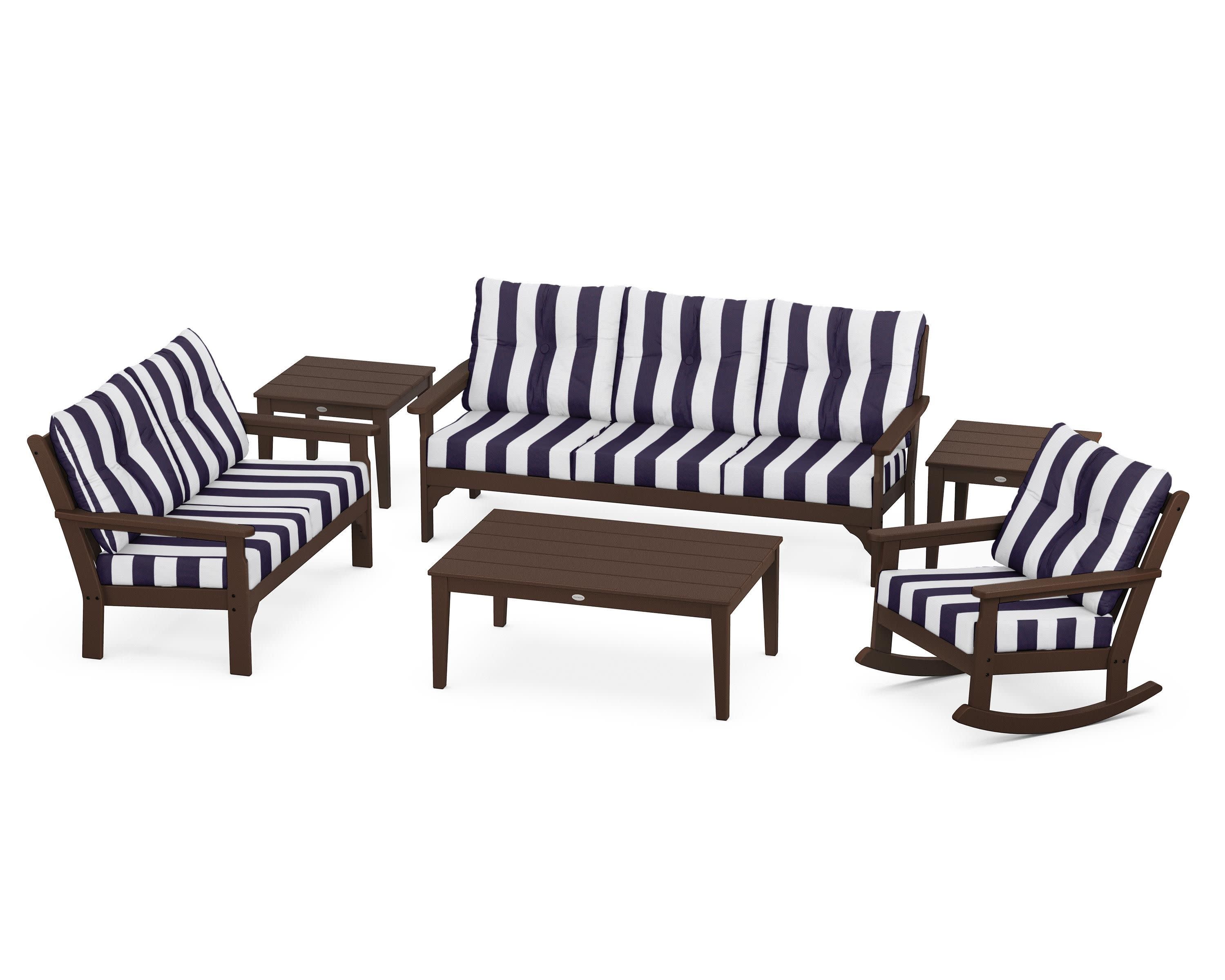 Vineyard 6-Piece Deep Seating Set in Mahogany / Cabana Stripe Navy