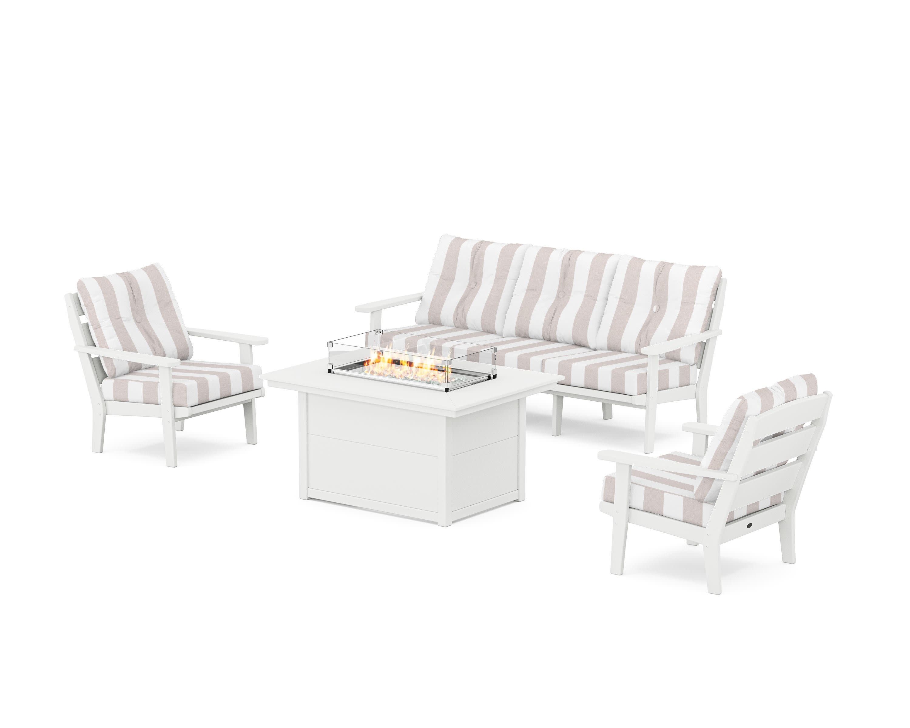 Lakeside Deep Seating Fire Pit Table Set in White / Cabana Stripe Dune Burlap