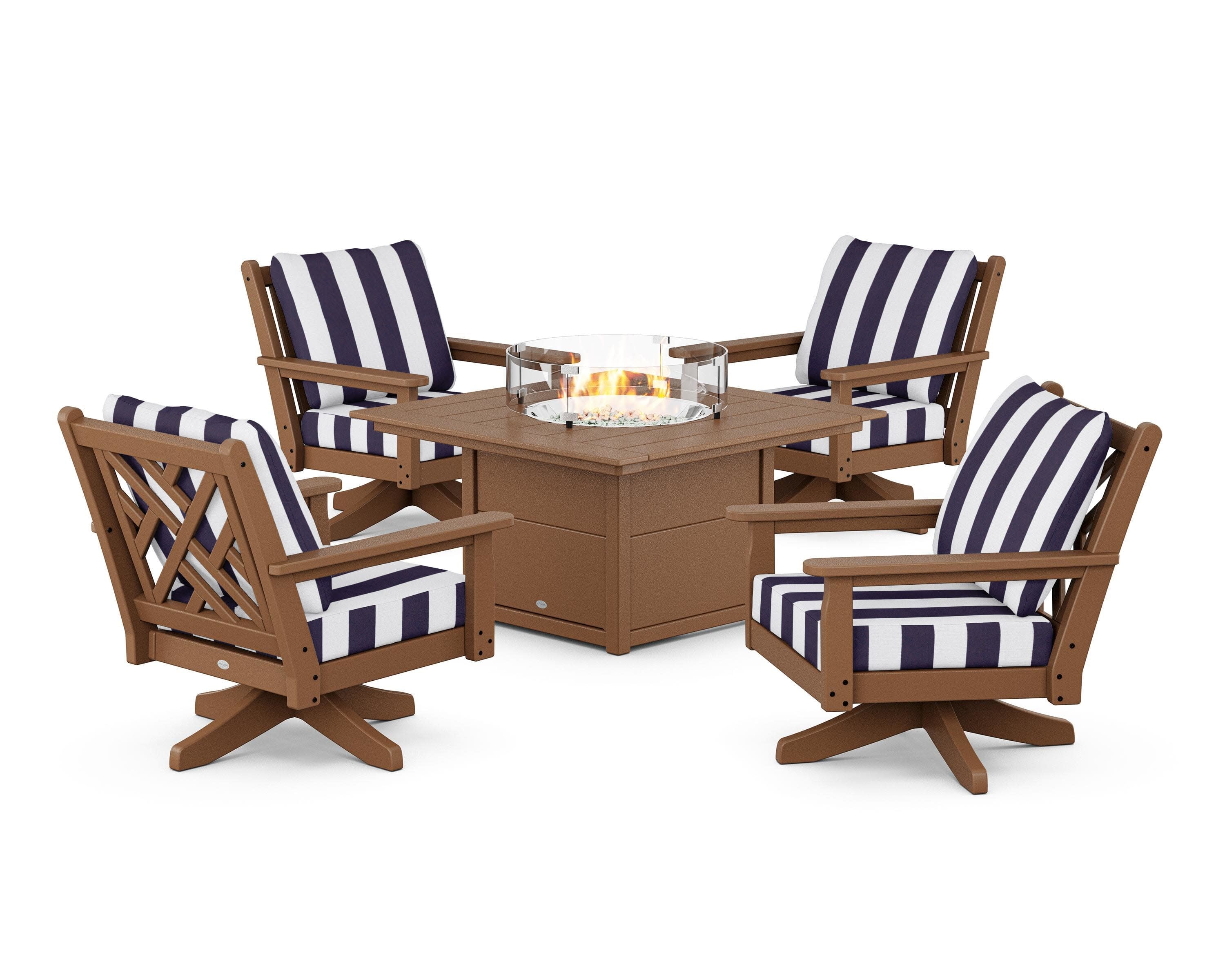 Chippendale 5-Piece Deep Seating Swivel Conversation Set with Fire Pit Table in Teak / Cabana Stripe Navy