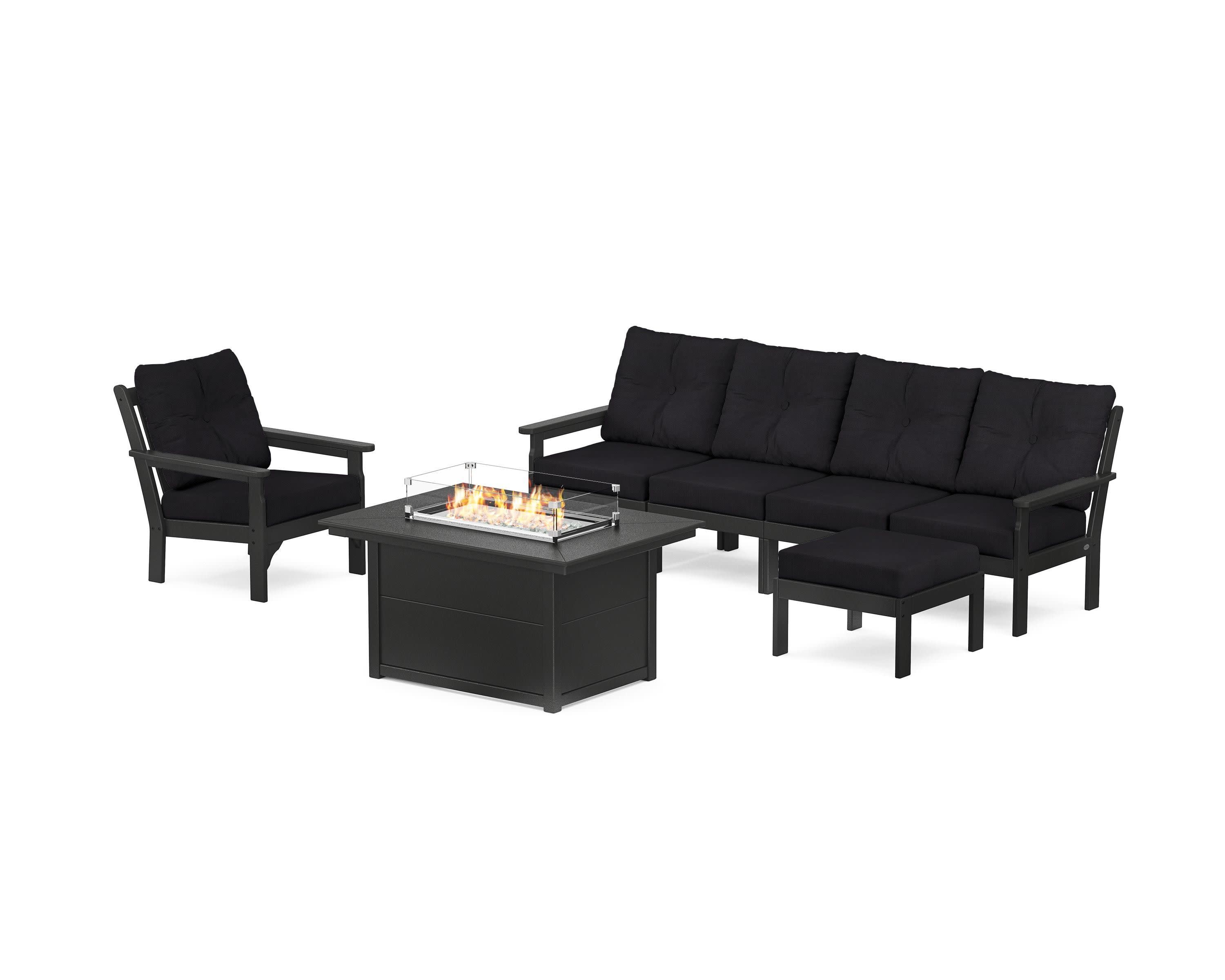 Vineyard Sectional Lounge and Fire Pit Set in Black / Midnight Linen