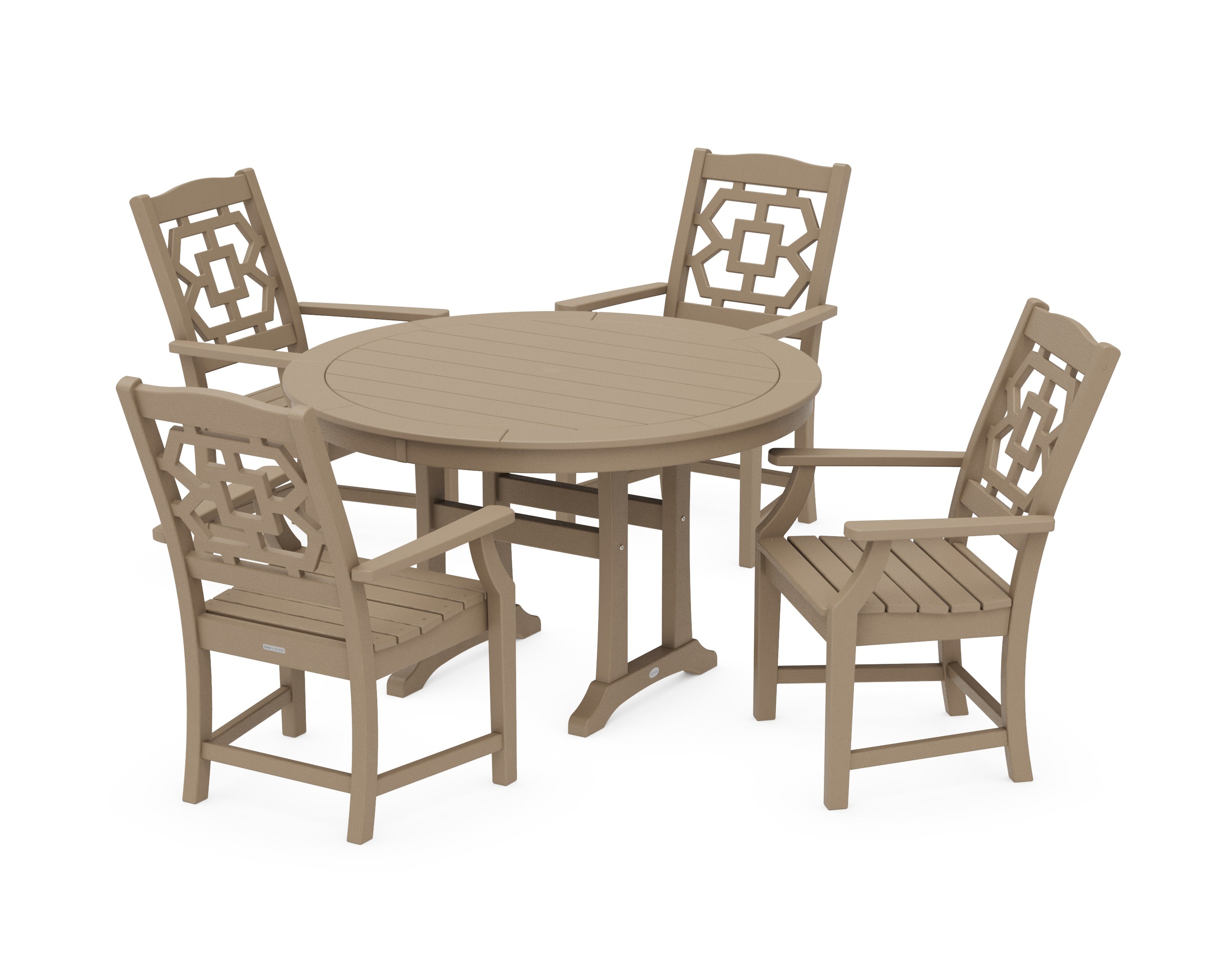 Chinoiserie 5-Piece Round Dining Set with Trestle Legs in Vintage Sahara