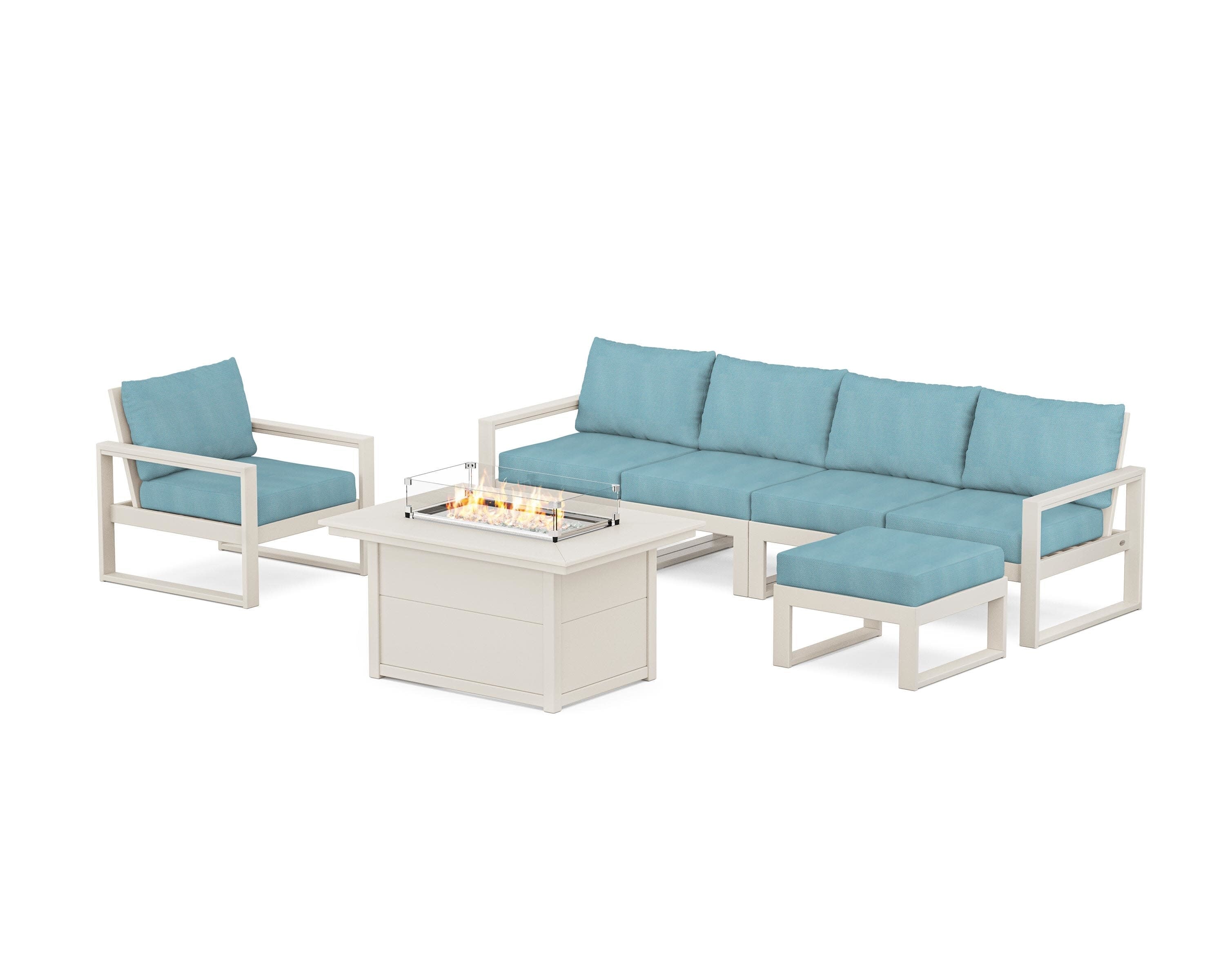 EDGE Sectional Lounge and Fire Pit Set in Sand / Lattice Sky Blue
