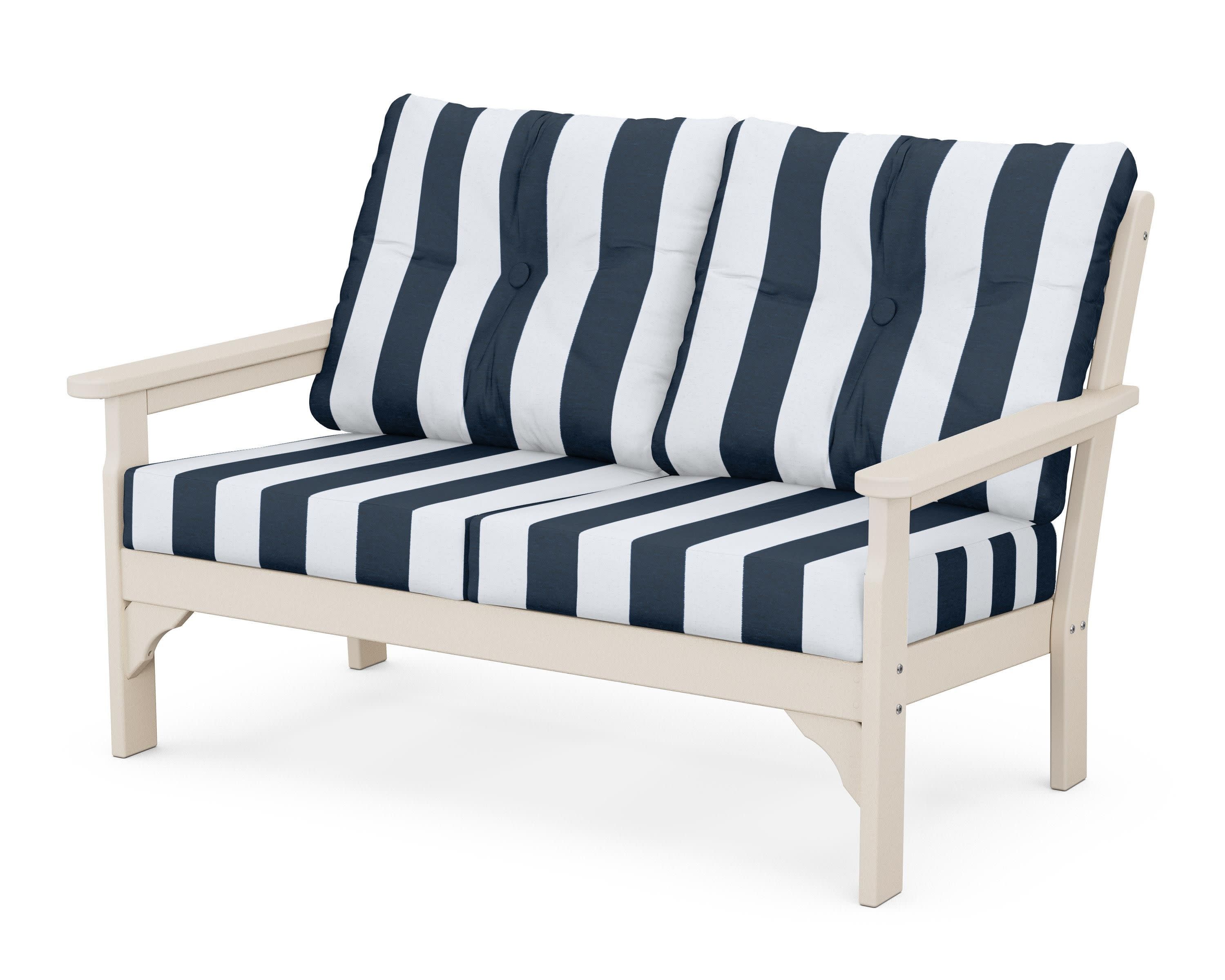 Vineyard Deep Seating Loveseat in Sand / Cabana Stripe Marine Indigo