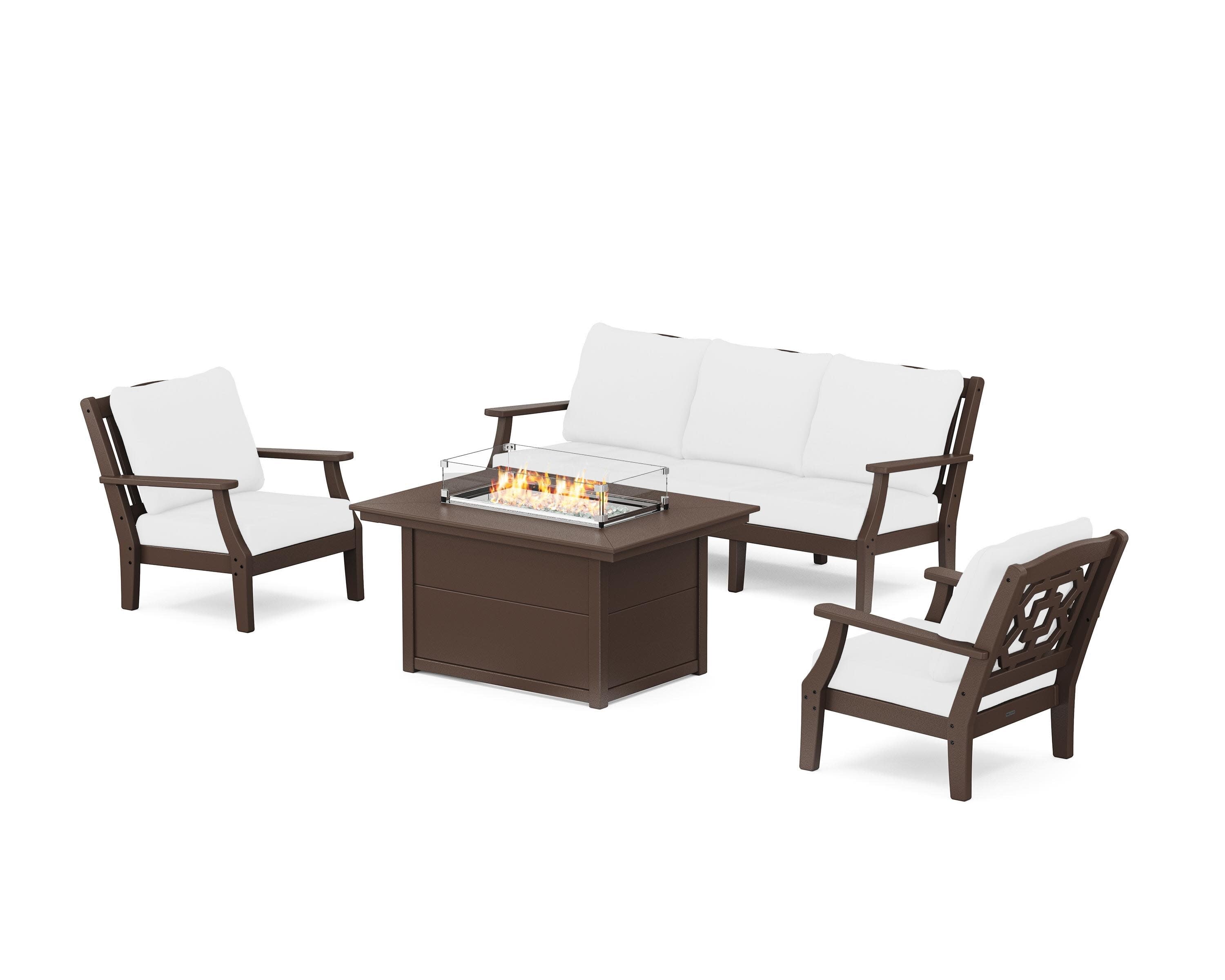 Chinoiserie Deep Seating Fire Pit Table Set in Mahogany / Natural