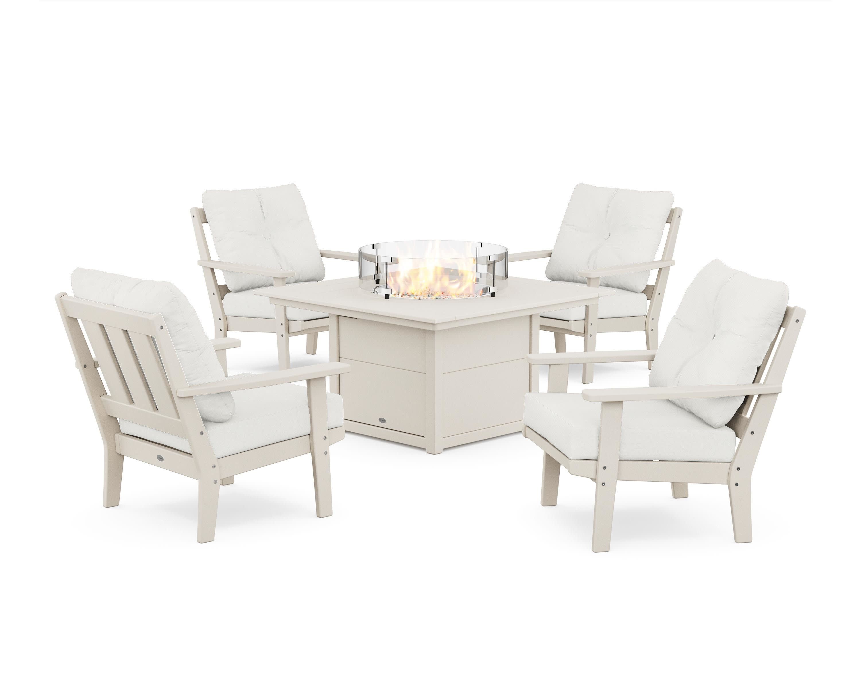 Oxford 5-Piece Deep Seating Set with Fire Pit Table in Sand / Natural Linen