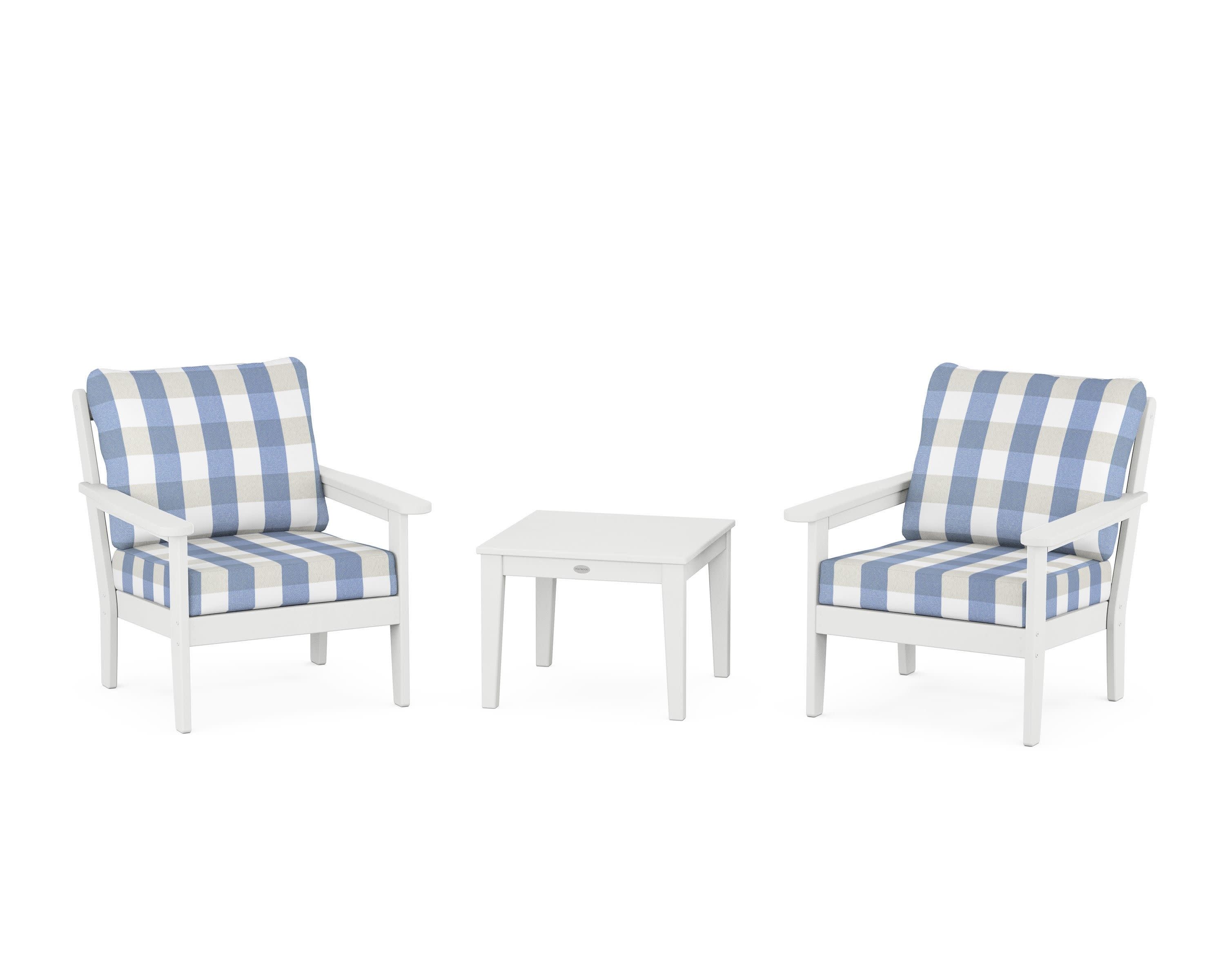 Cottage 3-Piece Deep Seating Set in White / Buffalo Plaid Sky Blue