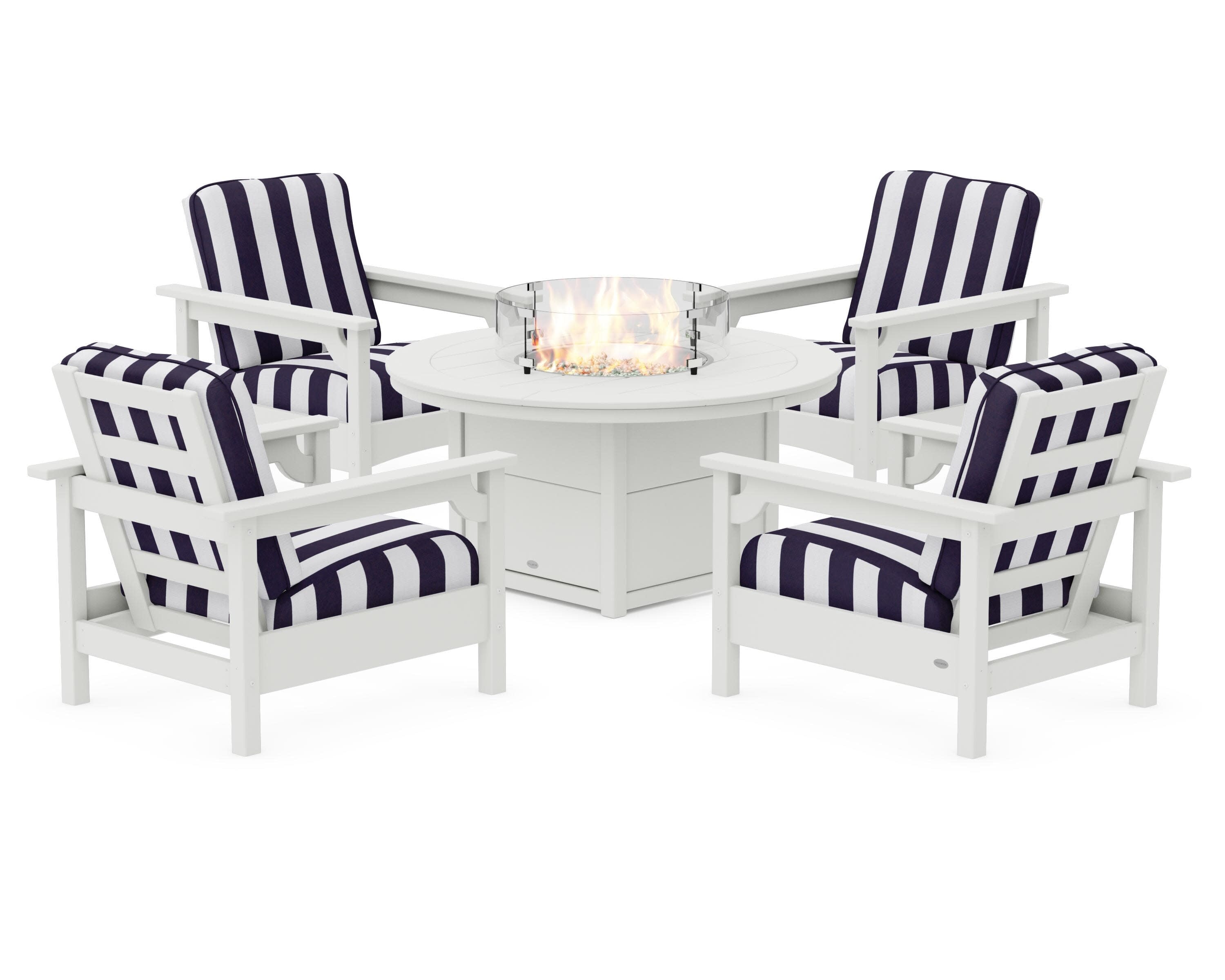 Club 5-Piece Conversation Set with Fire Pit Table in Vintage White / Cabana Stripe Navy