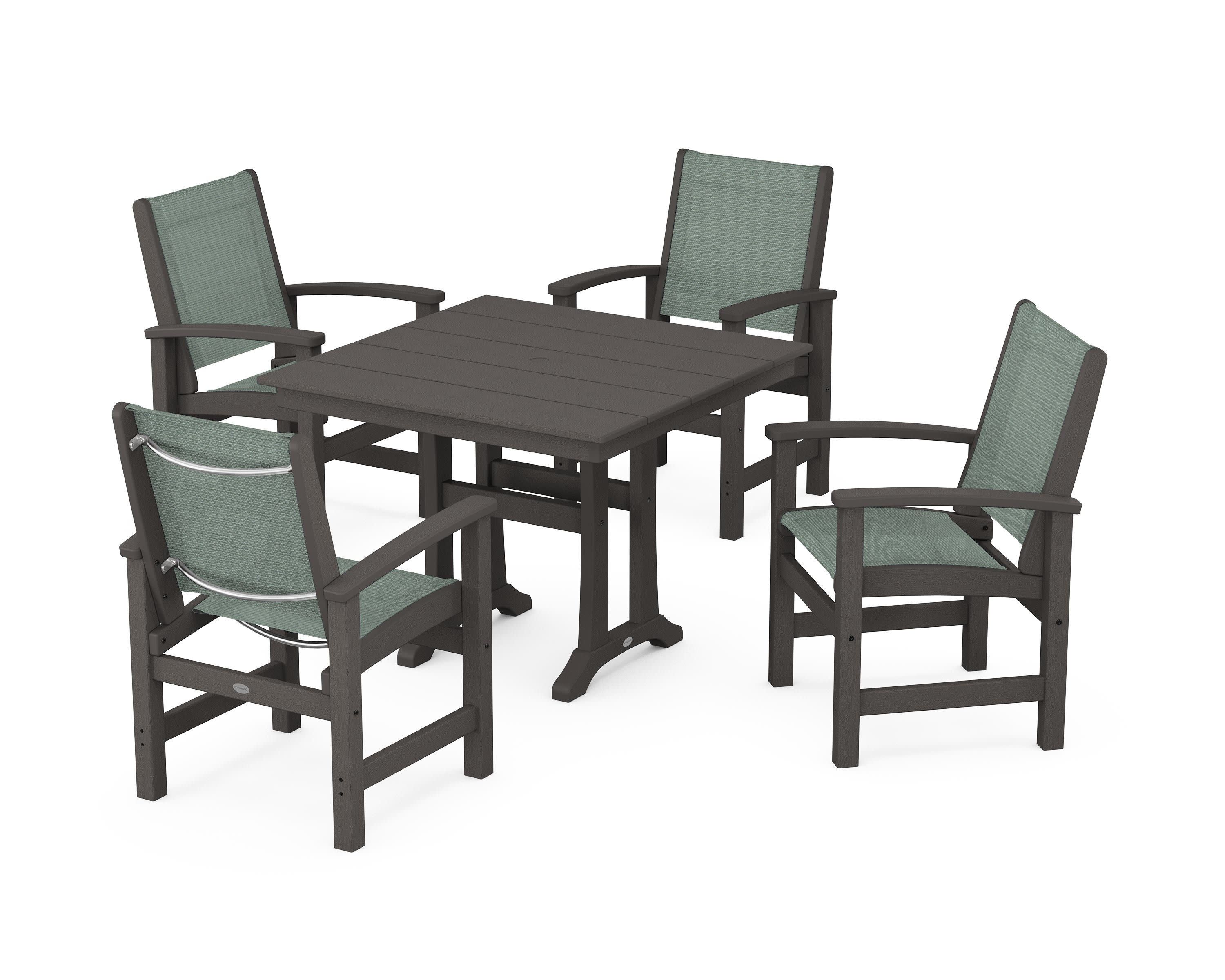 Coastal 5-Piece Farmhouse Dining Set With Trestle Legs in Vintage Coffee / Dupioni Sea Mist Sling