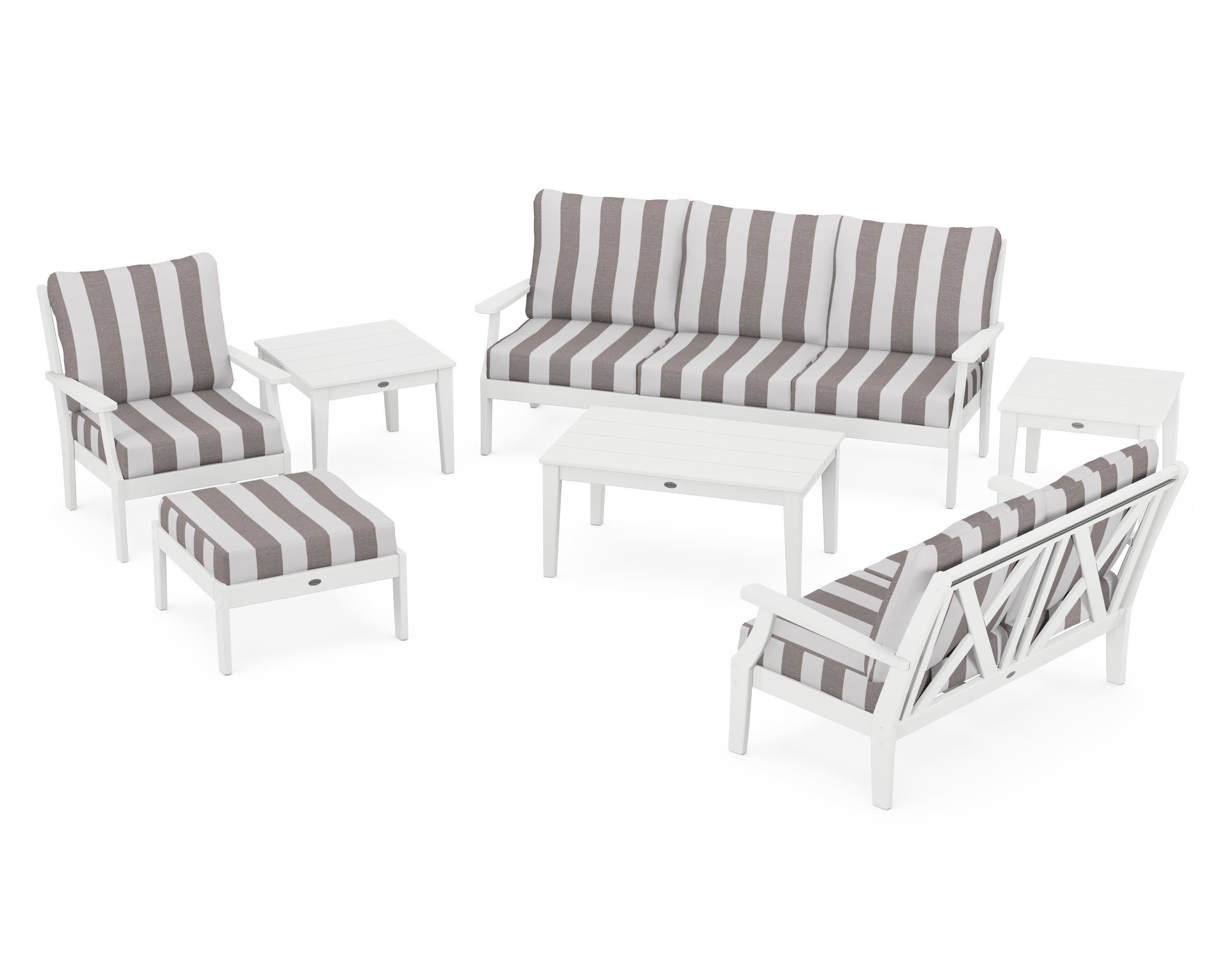 Braxton 7-Piece Deep Seating Set in White / Cabana Stripe Grey Mist