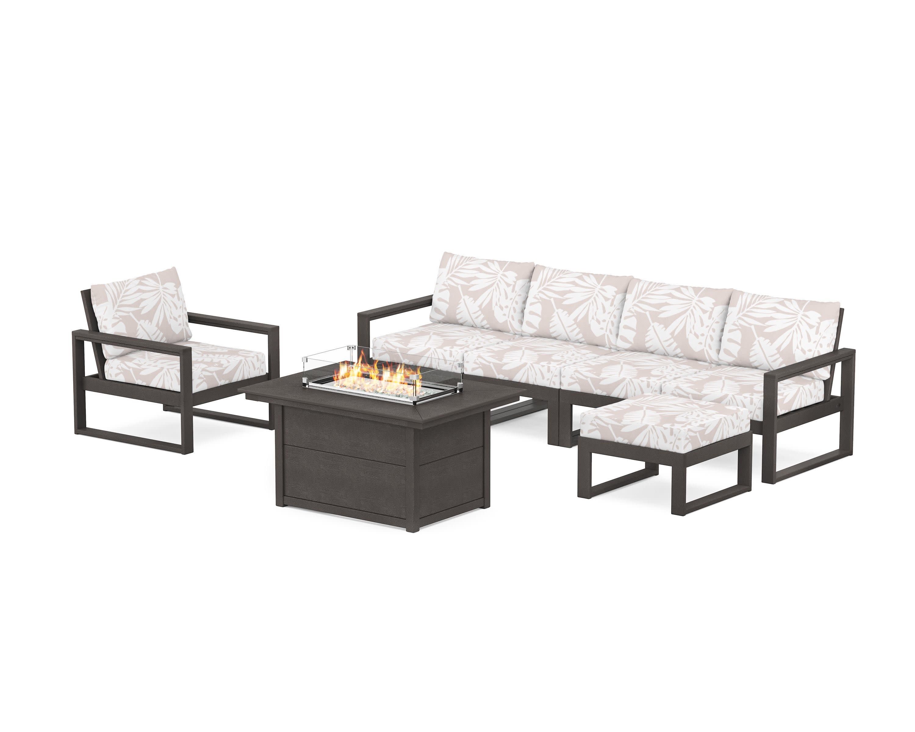 EDGE Sectional Lounge and Fire Pit Set in Vintage Coffee / Leaf Dune Burlap