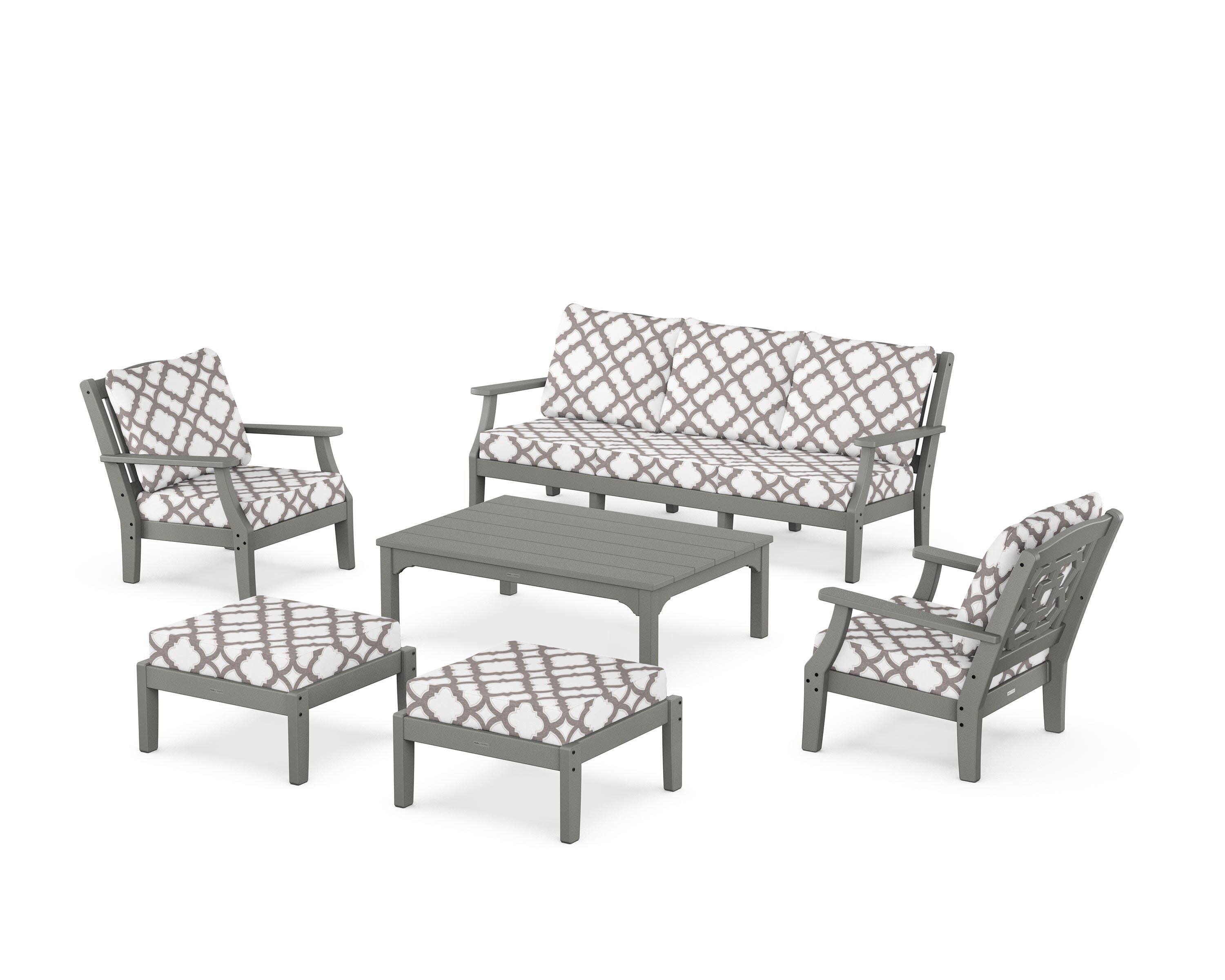 Chinoiserie 6-Piece Lounge Sofa Set in Slate Grey / Trellis Grey Mist