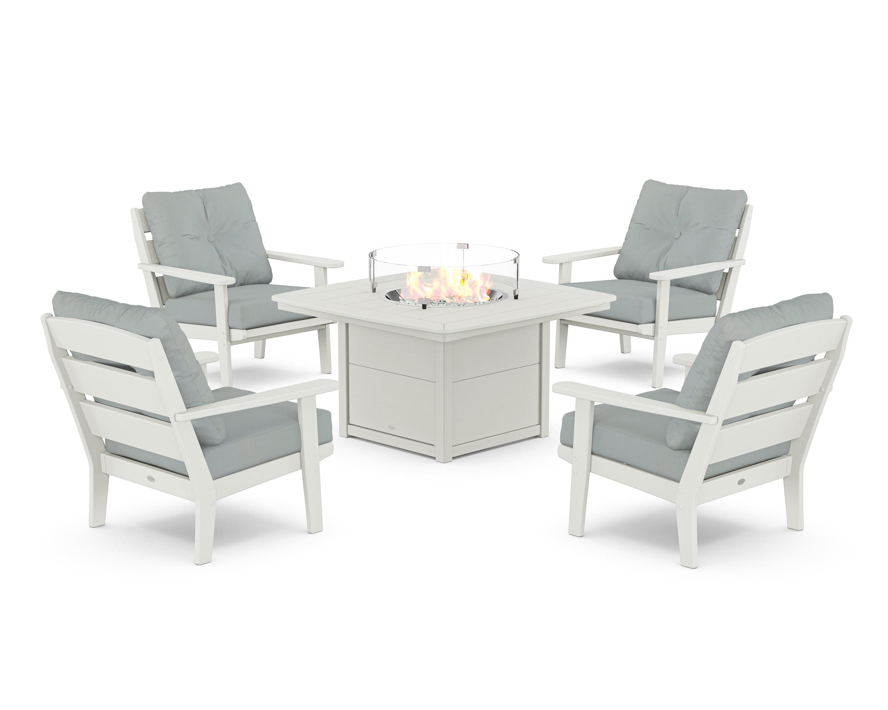 Lakeside 5-Piece Deep Seating Set with Nautical Fire Pit Table in Vintage White / Spa