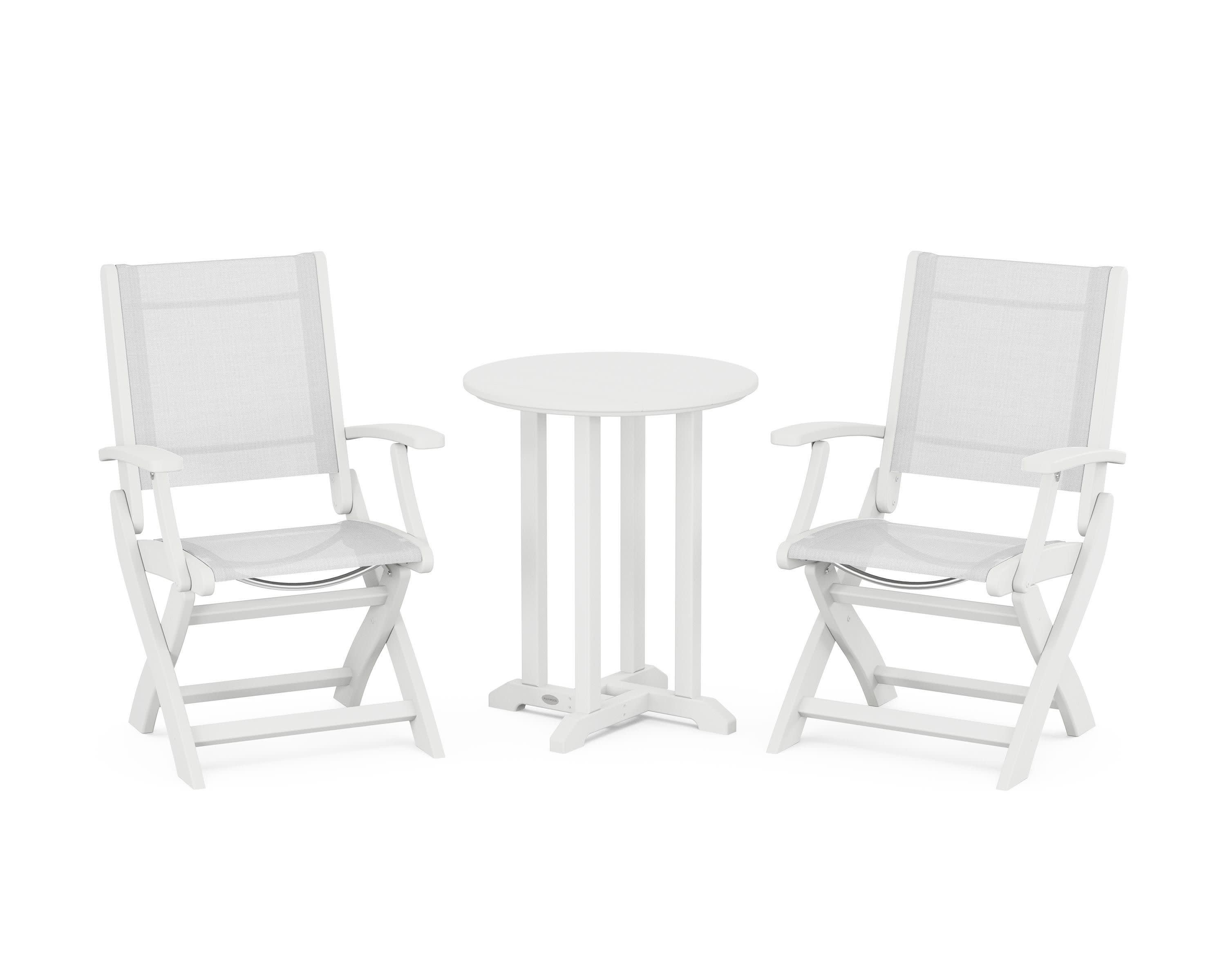 Coastal Folding 3-Piece Round Bistro Dining Set in White / White Sling