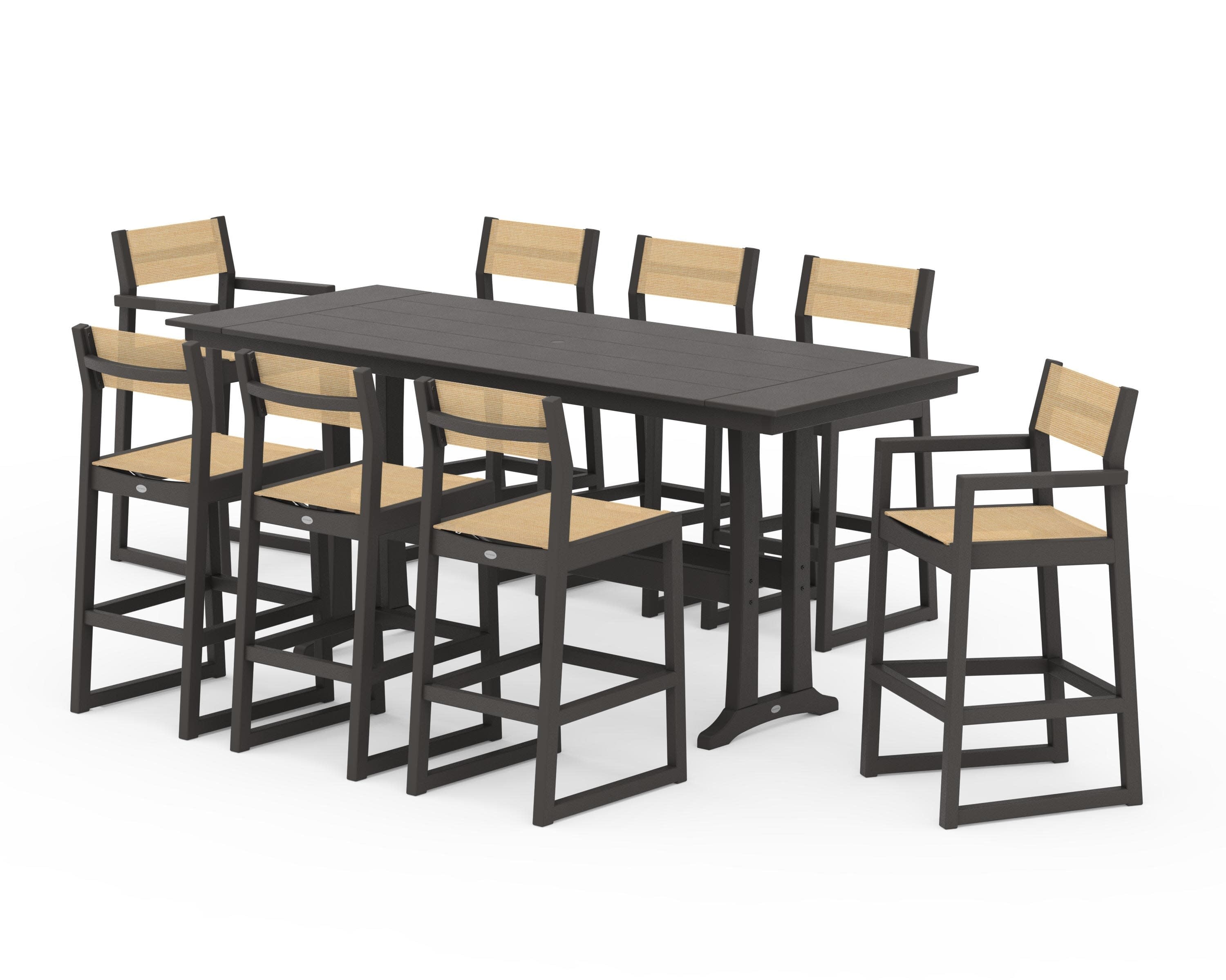 EDGE Sling 9-Piece Farmhouse Bar Set with Trestle Legs in Vintage Coffee / Dupioni Apricot Sling