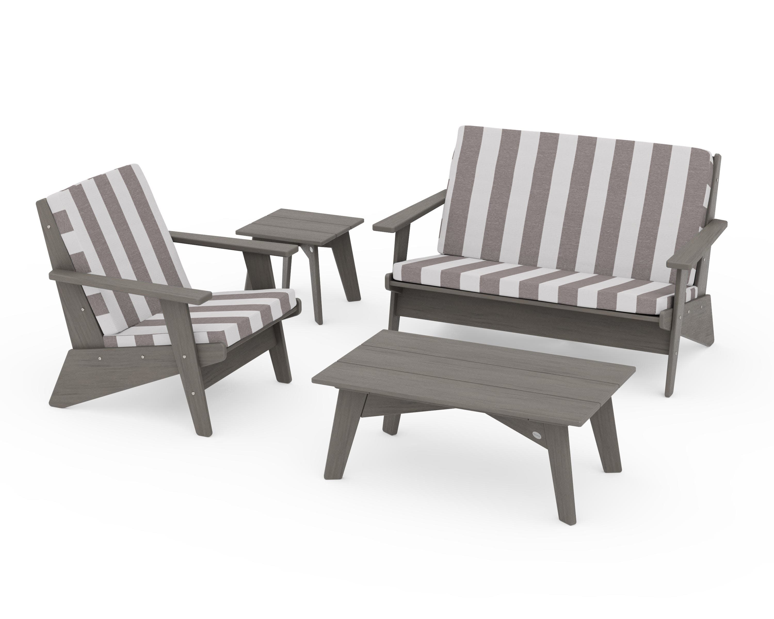 Riviera Modern Lounge 4-Piece Set in Driftwood / Cabana Stripe Grey Mist