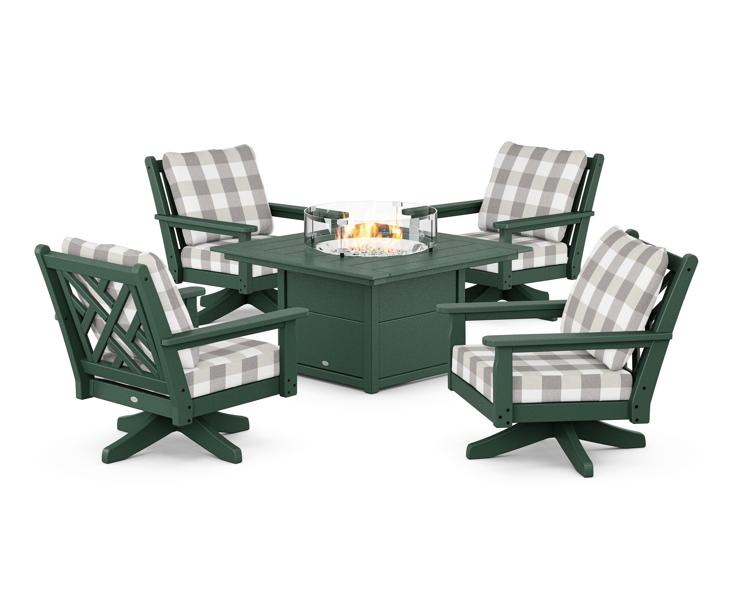 Chippendale 5-Piece Deep Seating Swivel Conversation Set with Fire Pit Table in Green / Buffalo Plaid Grey Mist